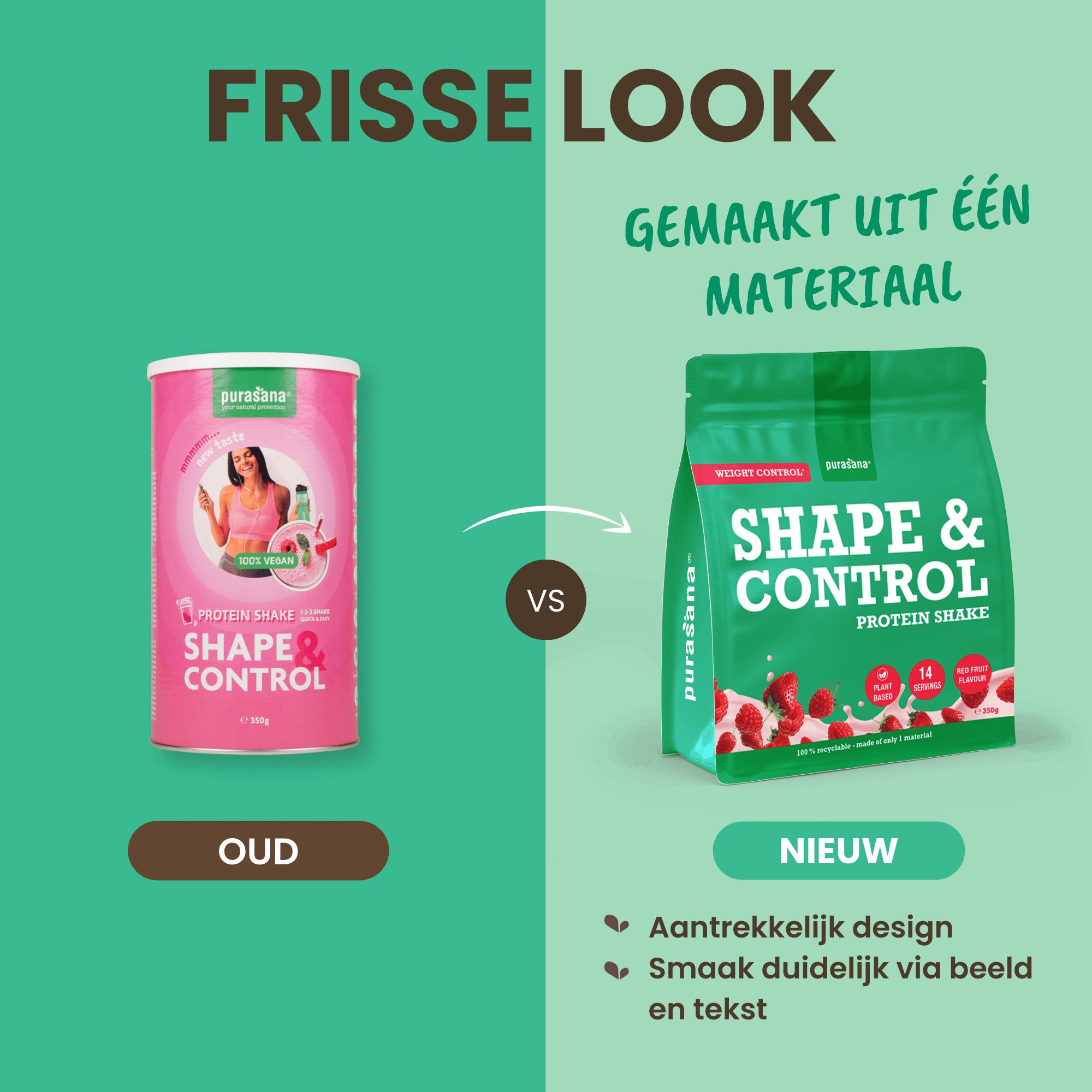 Purasana Shape & Control Protein Shake blik met aardbei-framboos smaak. 350g.