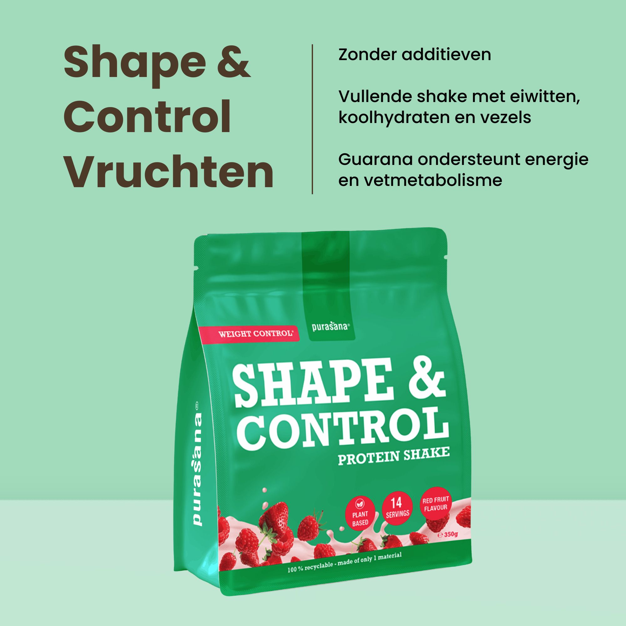 Purasana Shape & Control Protein Shake blik met aardbei-framboos smaak. 350g.