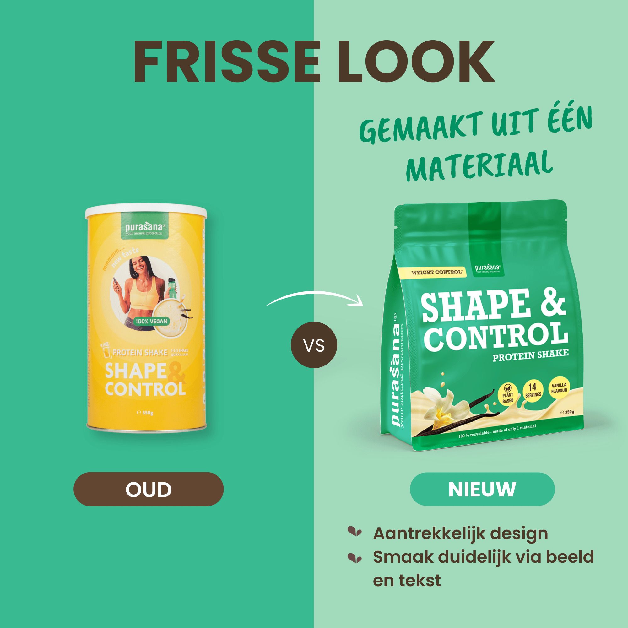Purasana Shape & Control Shake Vanille zakje met nadruk op eiwitten en vezels.