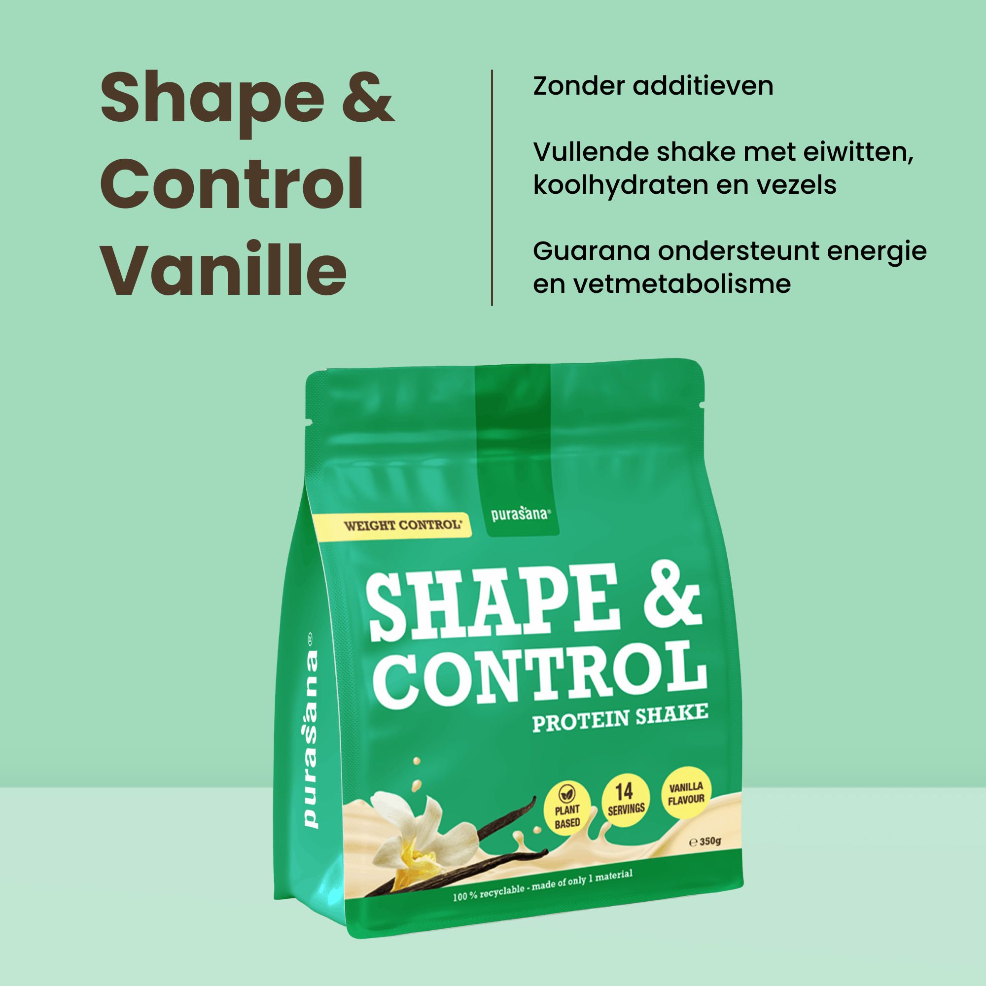 Purasana Shape & Control Shake Vanille zakje met vanillebloemen en -stokjes.