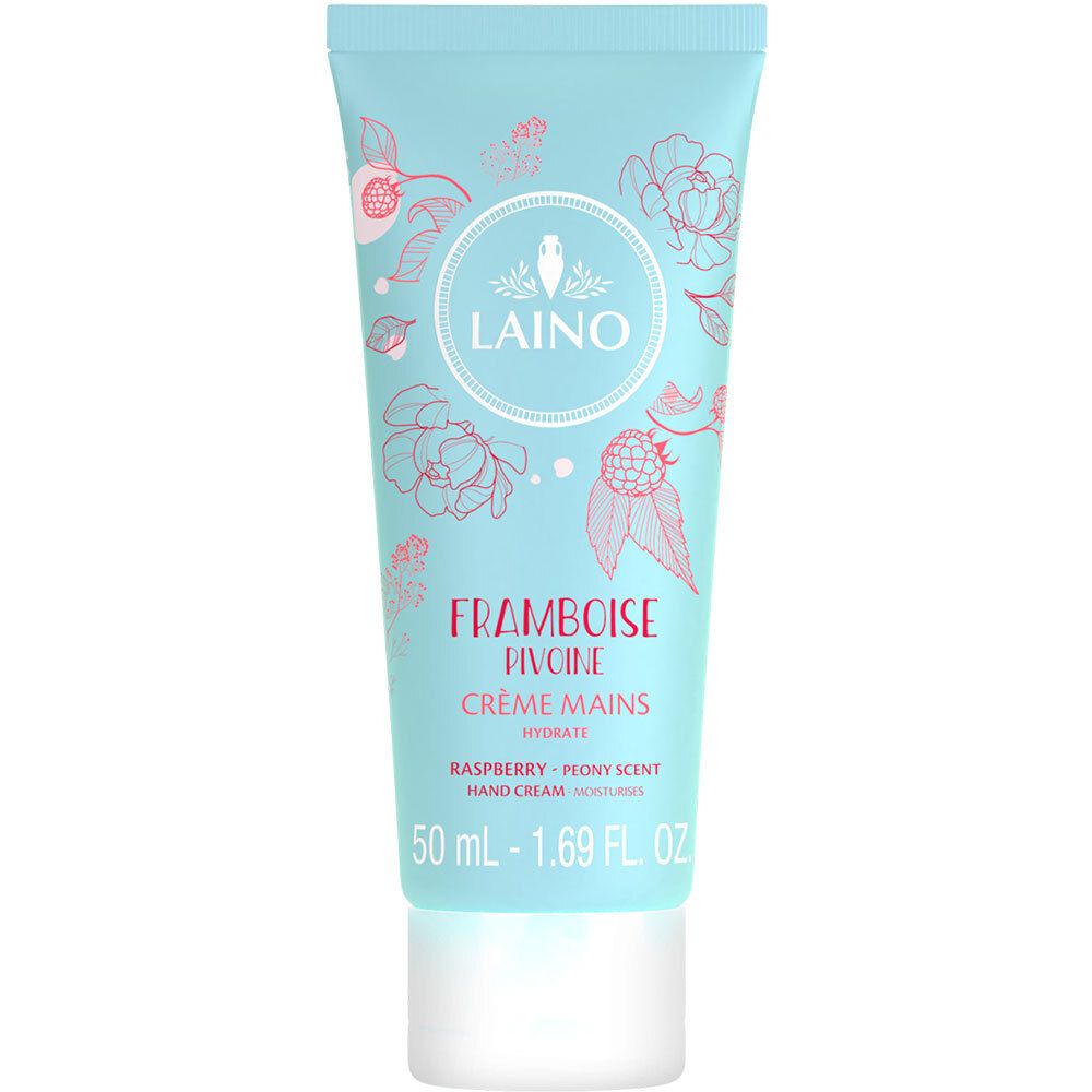 Tube turquoise avec impressions. Logo LAINO, nom du produit, illustrations de framboises et de pivoines. Texte : Crème Mains, 50 ml.