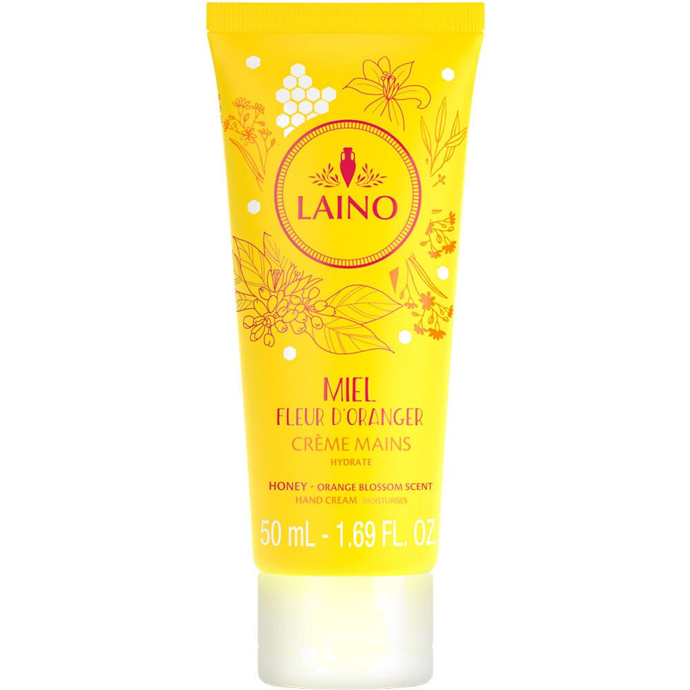 Tube de crème pour les mains jaune avec illustrations florales et logo LAINO. Texte : Miel Fleur d'Oranger, Crème Mains.
