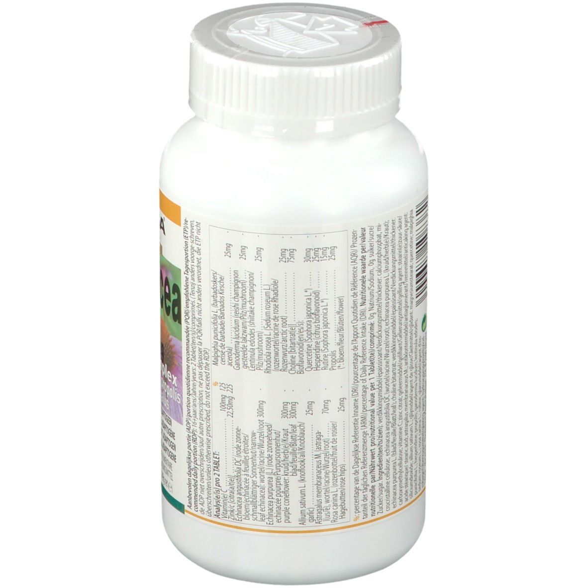 Dos d'un flacon blanc de gélules. Informations textuelles multilingues. Contient ingrédients et informations nutritionnelles.