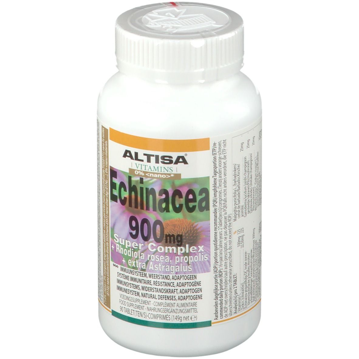 Flacon blanc de gélules. Inscription : Altisa, Echinacea 900mg Super Complex. Contient Rhodiola rosea, Propolis et Astragalus. 90 comprimés.