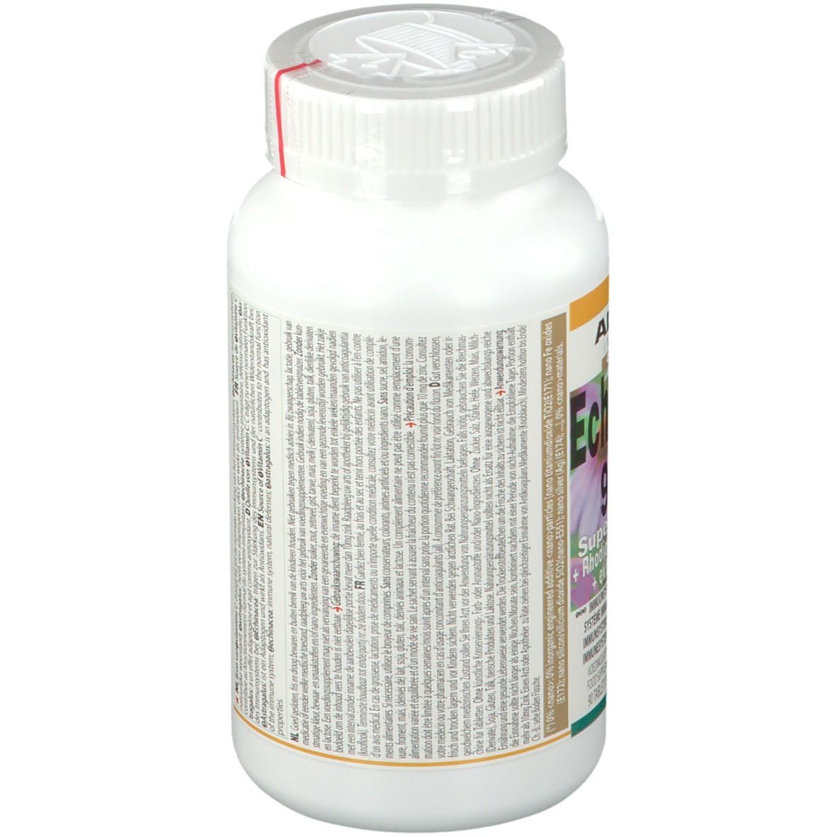 Dos d'un flacon blanc de gélules. Informations textuelles multilingues. Fermeture rouge.