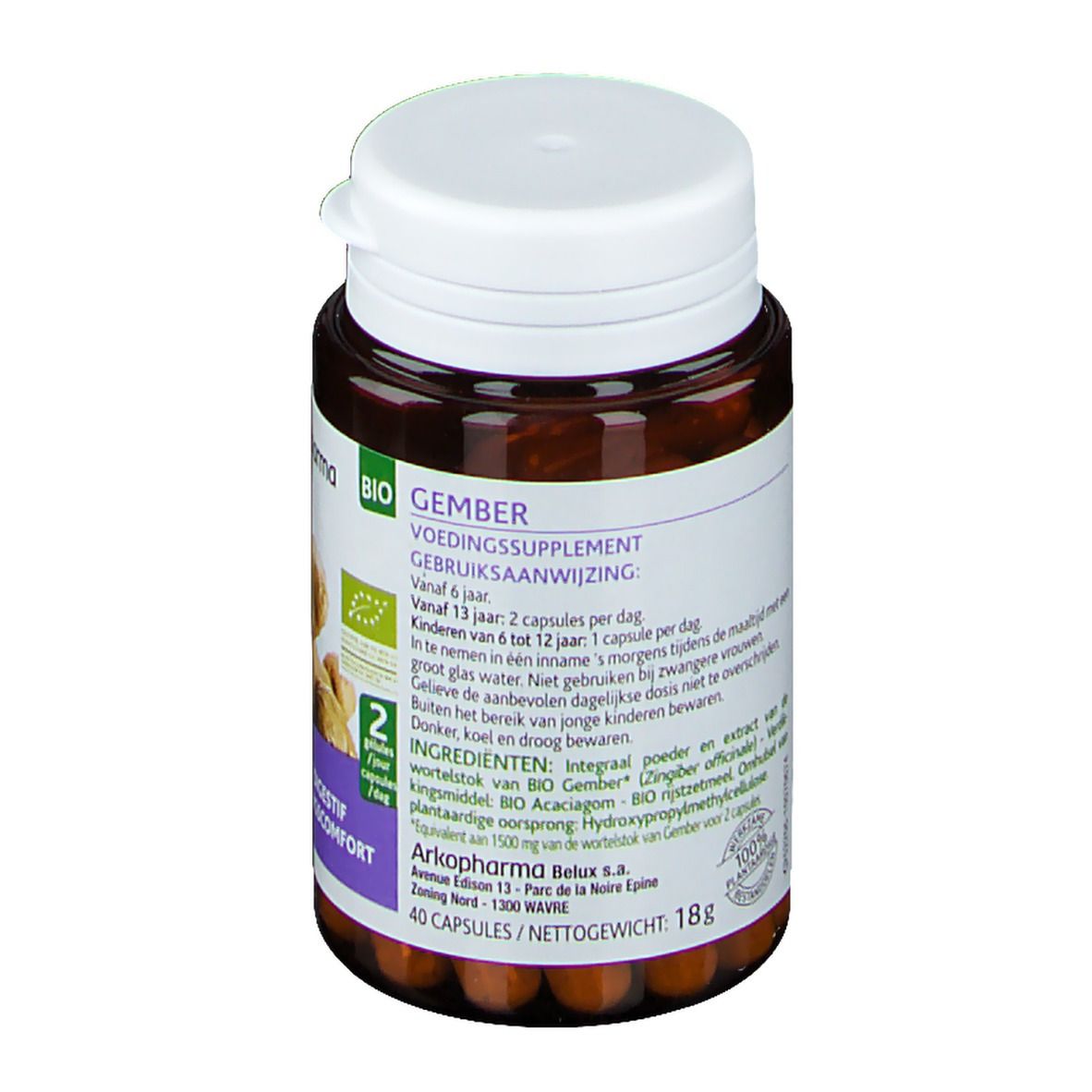 Bruine capsules in een bruine fles met witte dop. Opschrift: Gember, voedingssupplement. 40 capsules.