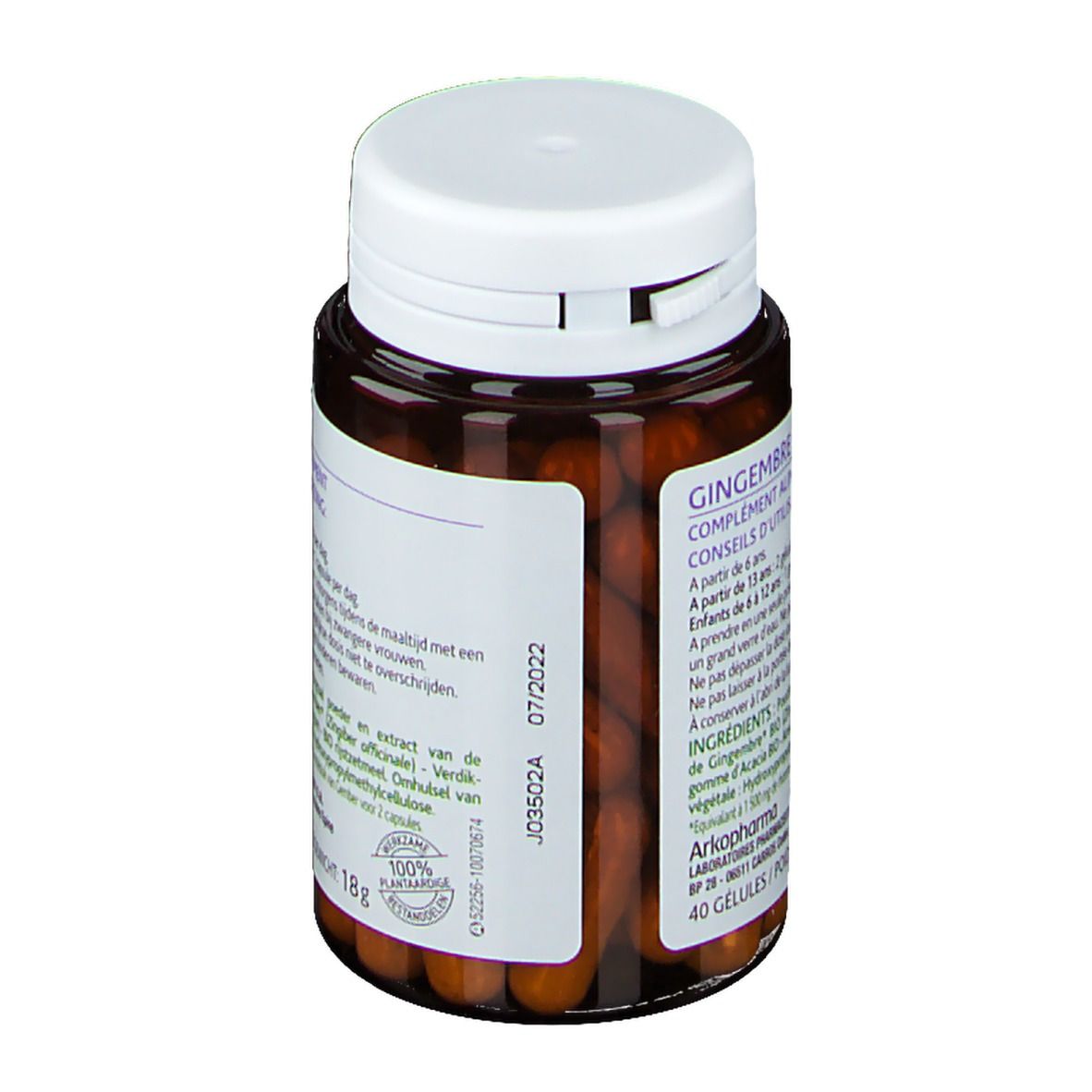 Bruine capsules in een bruine fles met witte dop. Opschrift: Gember, voedingssupplement. 40 capsules.