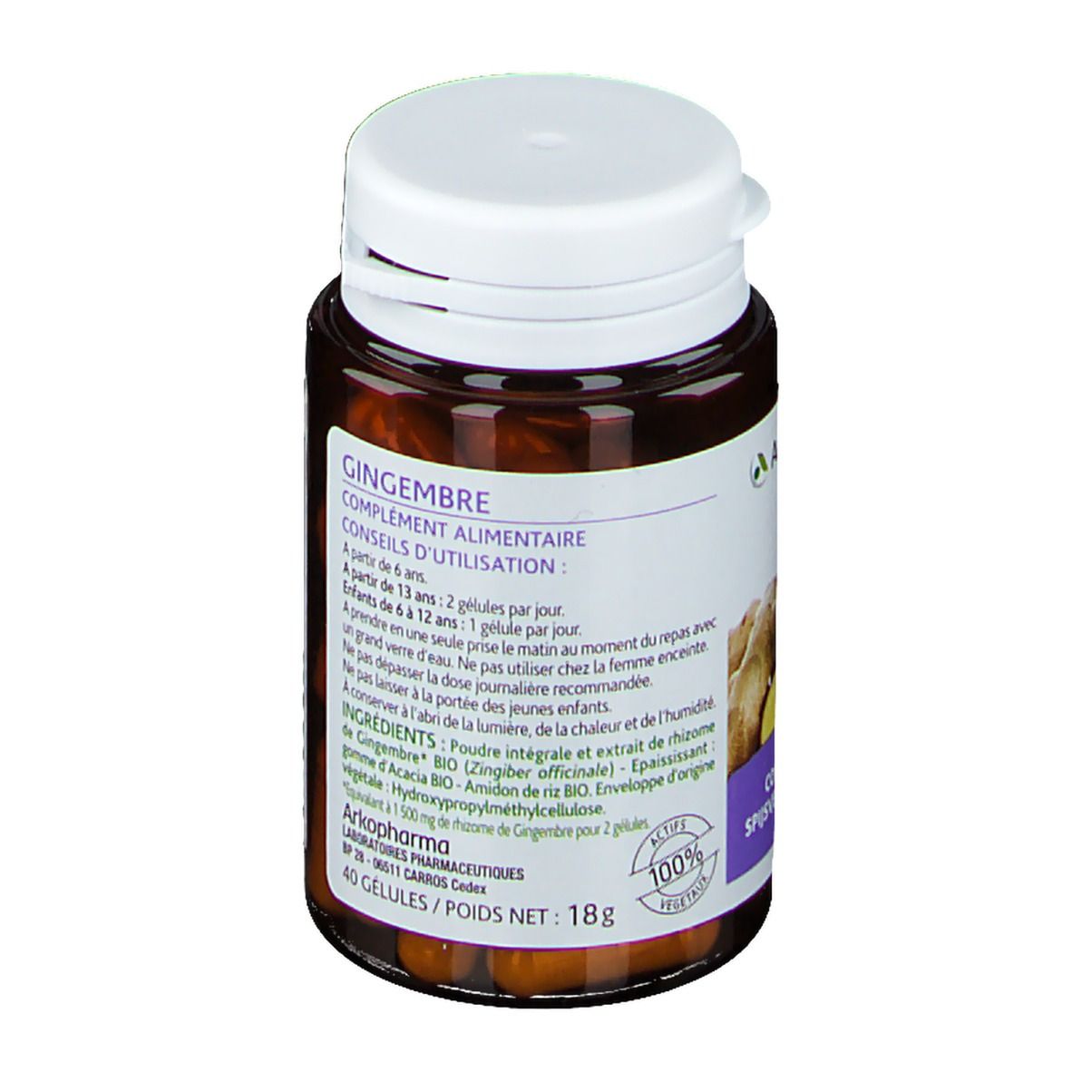 Bruine capsules in een bruine fles met witte dop. Opschrift: Gember, voedingssupplement. 40 capsules.