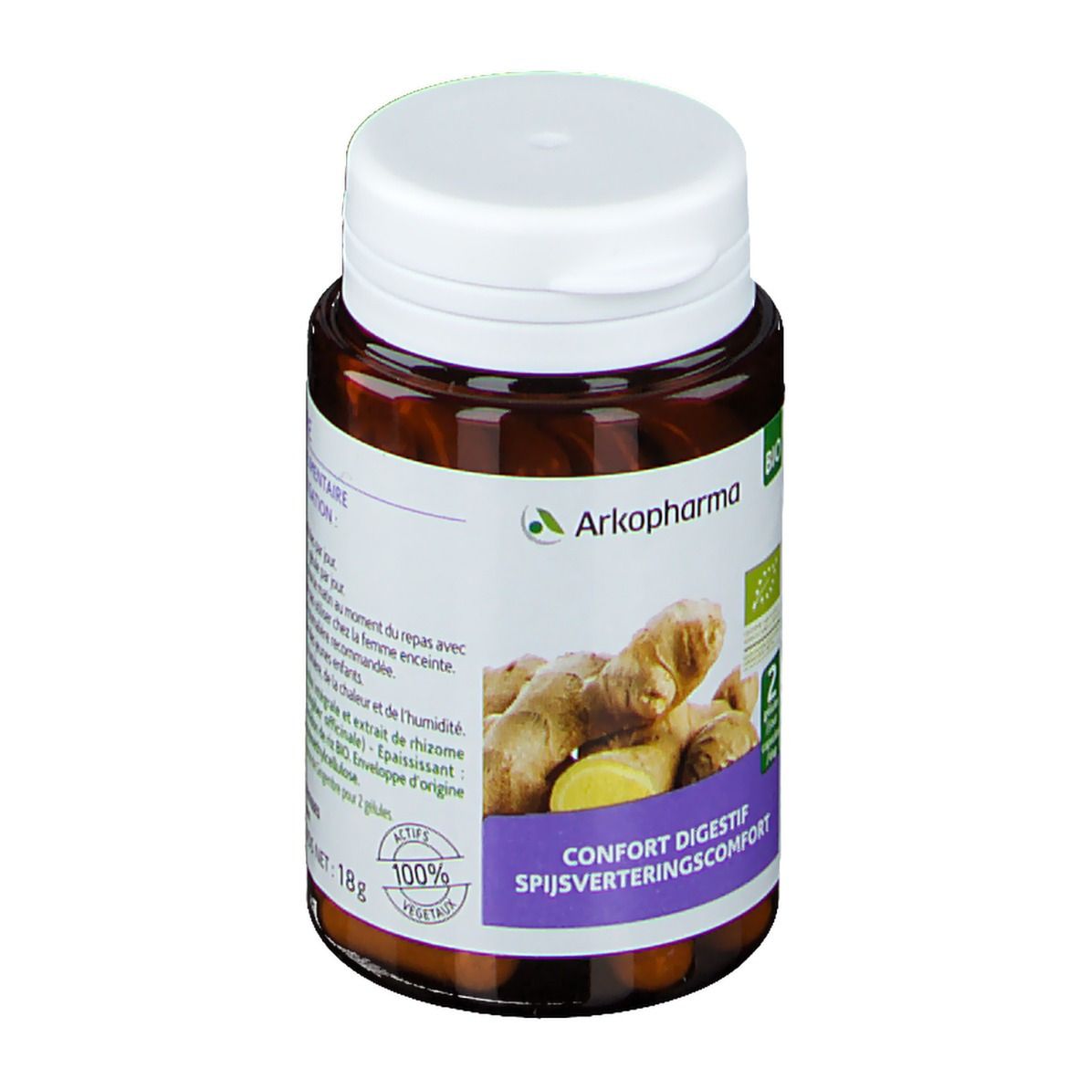 Bruine fles met witte dop. Bevat capsules. Opschrift: Arkopharma, Bio. Afbeelding van gemberwortels.