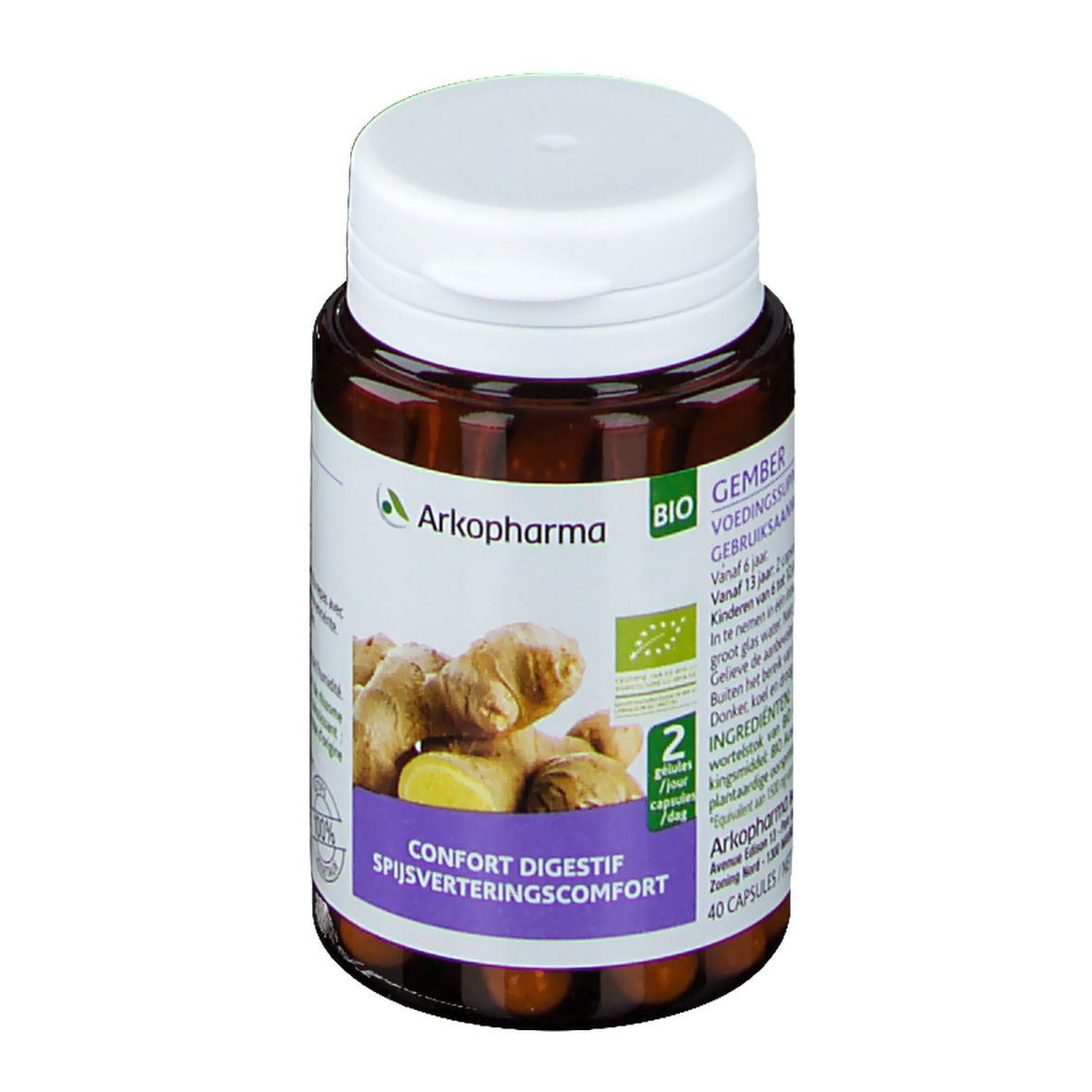 Bruine fles met witte dop. Bevat capsules. Opschrift: Arkopharma, Bio. Afbeelding van gemberwortels.