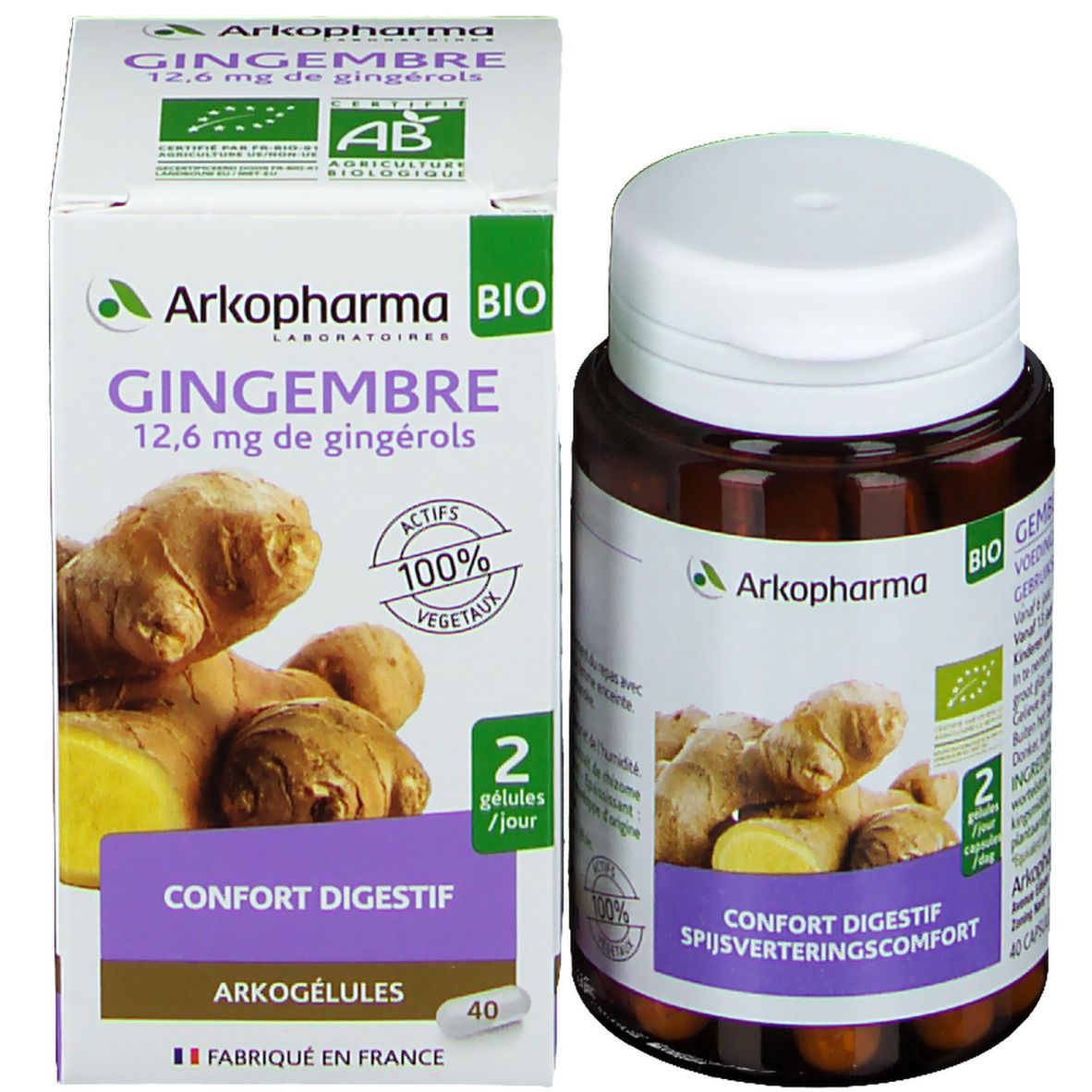 Productverpakking met fles en doos. Fles met capsules, doos met opschrift: Gember, 12,6 mg gingerolen. 40 capsules.