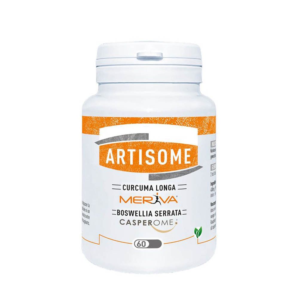 Witte tabletfles met oranje etiket. Opschrift: ARTISOME, Curcuma Longa, Meriva, Boswellia Serrata, Casperome. 60 tabletten.