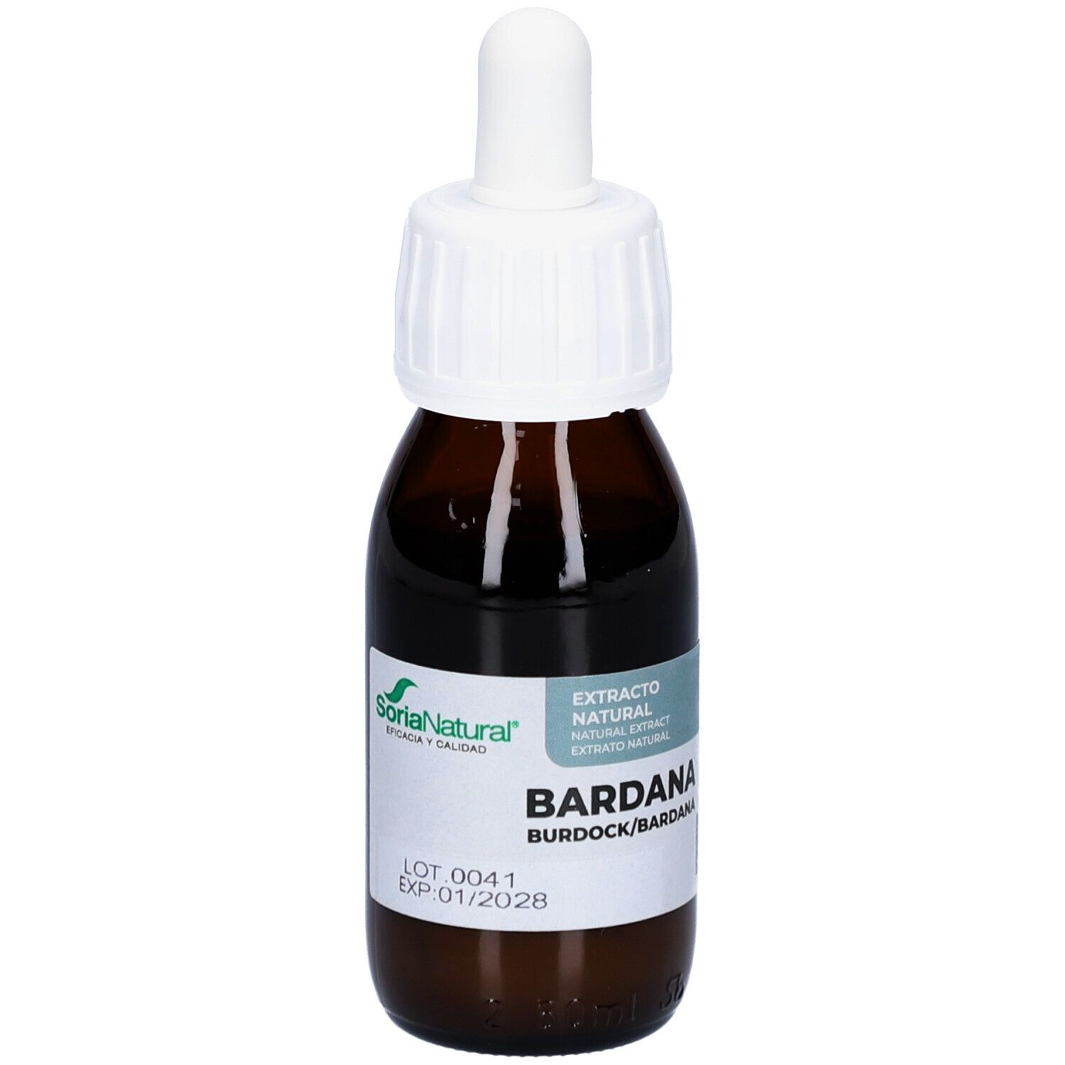 Flacon en verre brun avec bouchon blanc et pipette. Étiquette avec nom du produit et logo.