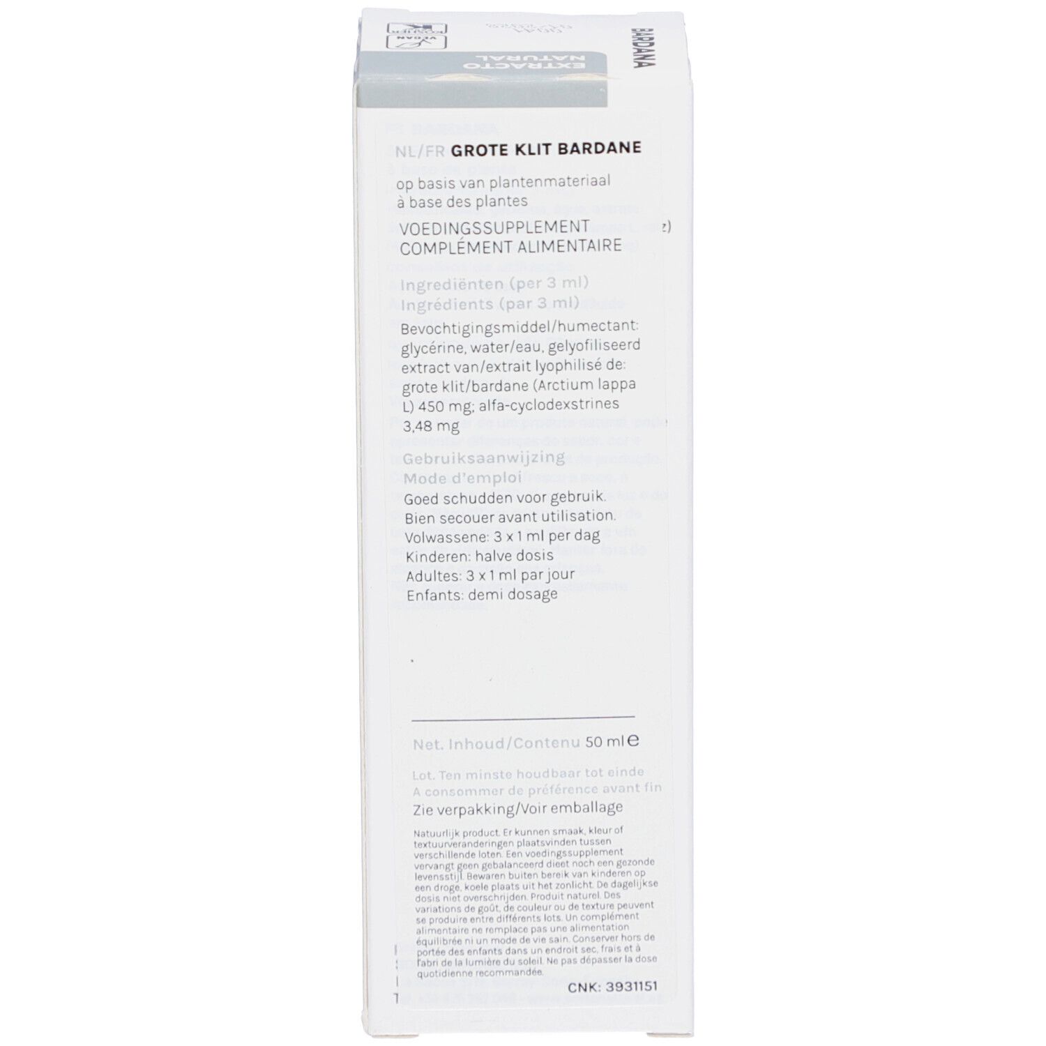 Emballage, texte en néerlandais. Informations sur le produit et coordonnées du fabricant.