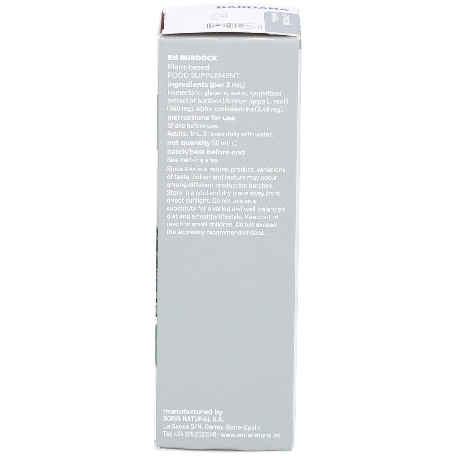 Emballage, texte en anglais. Informations sur le produit et coordonnées du fabricant.