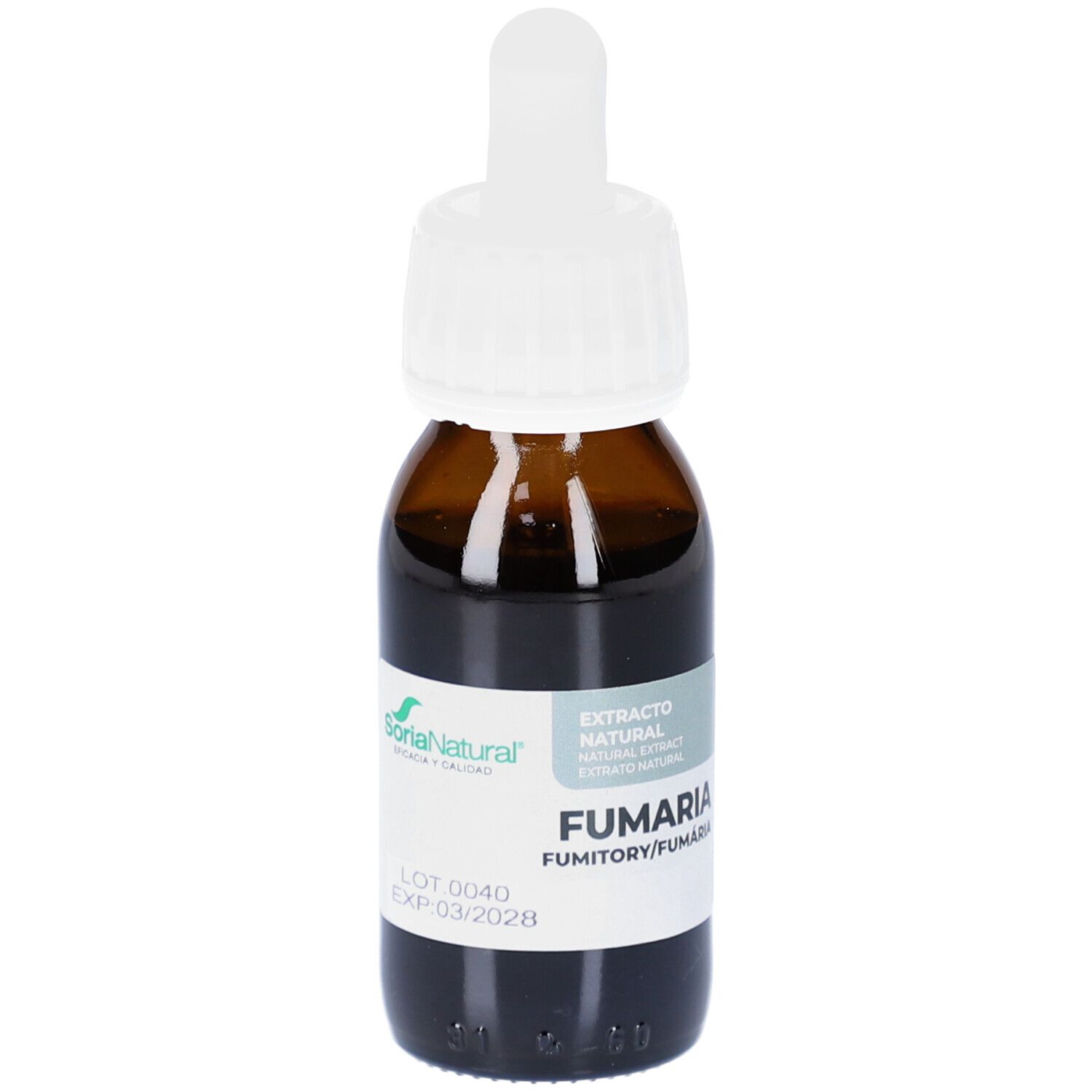 Bruine glazen fles met witte dop en pipet. Etiket met productinformatie. Soria Natural.