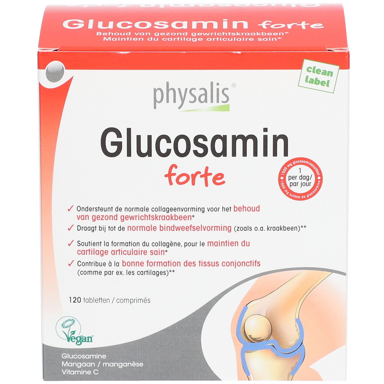 Boîte de Physalis Glucosamine Forte. Emballage rouge et blanc avec nom du produit et illustration d'une articulation. Label vegan.