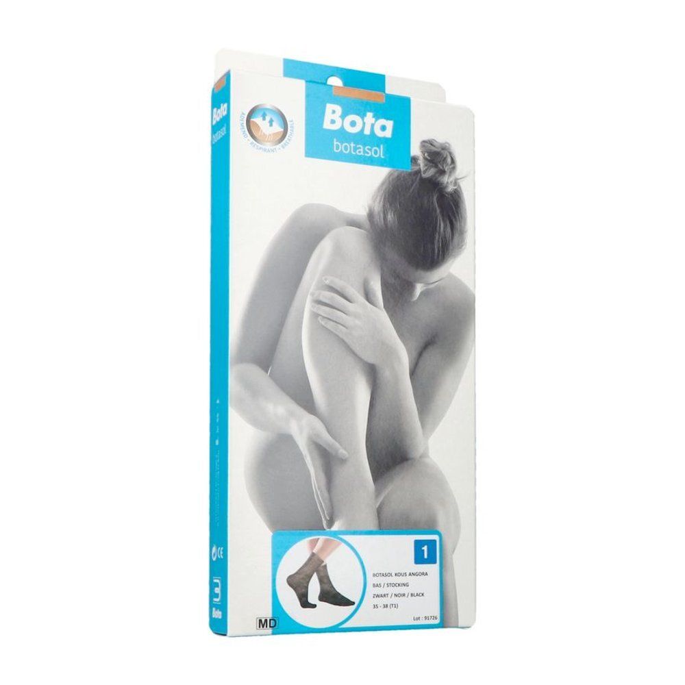Emballage de chaussettes en angora. Femme représentée. Nom du produit: Bota Botasol. Taille 35-38. Chaussettes noires.