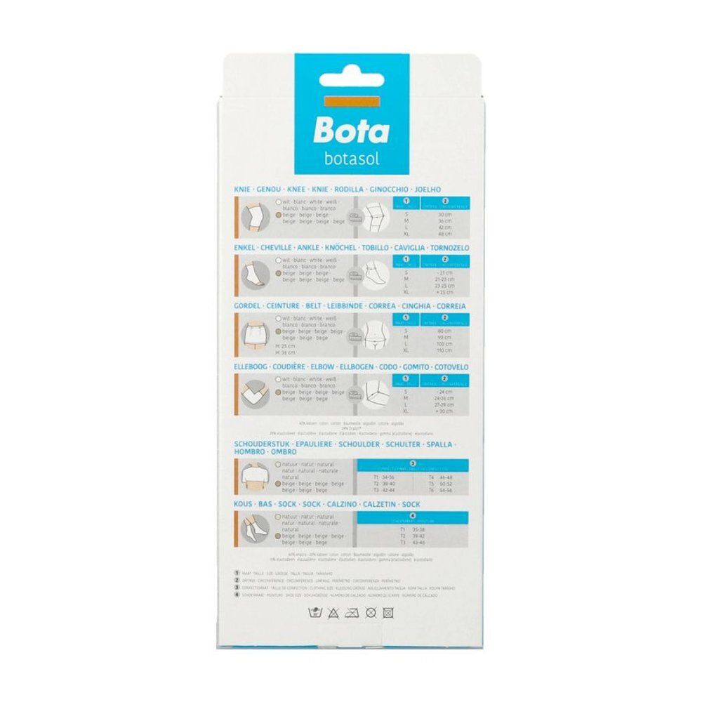 Dos de l'emballage. Nom du produit: Bota Botasol. Tableau des tailles pour différentes parties du corps. Texte multilingue.