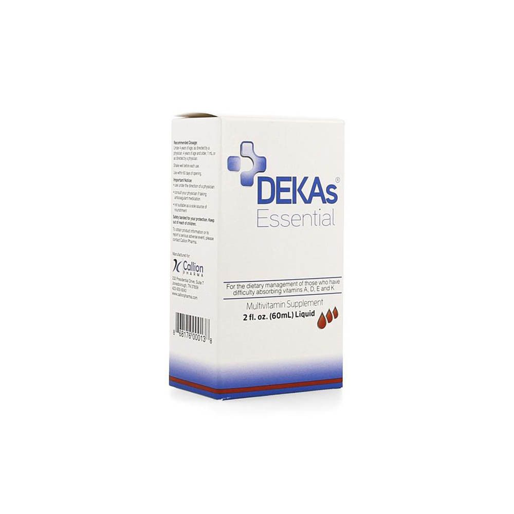 Emballage blanc avec texte: DEKAS Essential. 2 fl. oz. (60 ml) liquide. Callion Pharma.