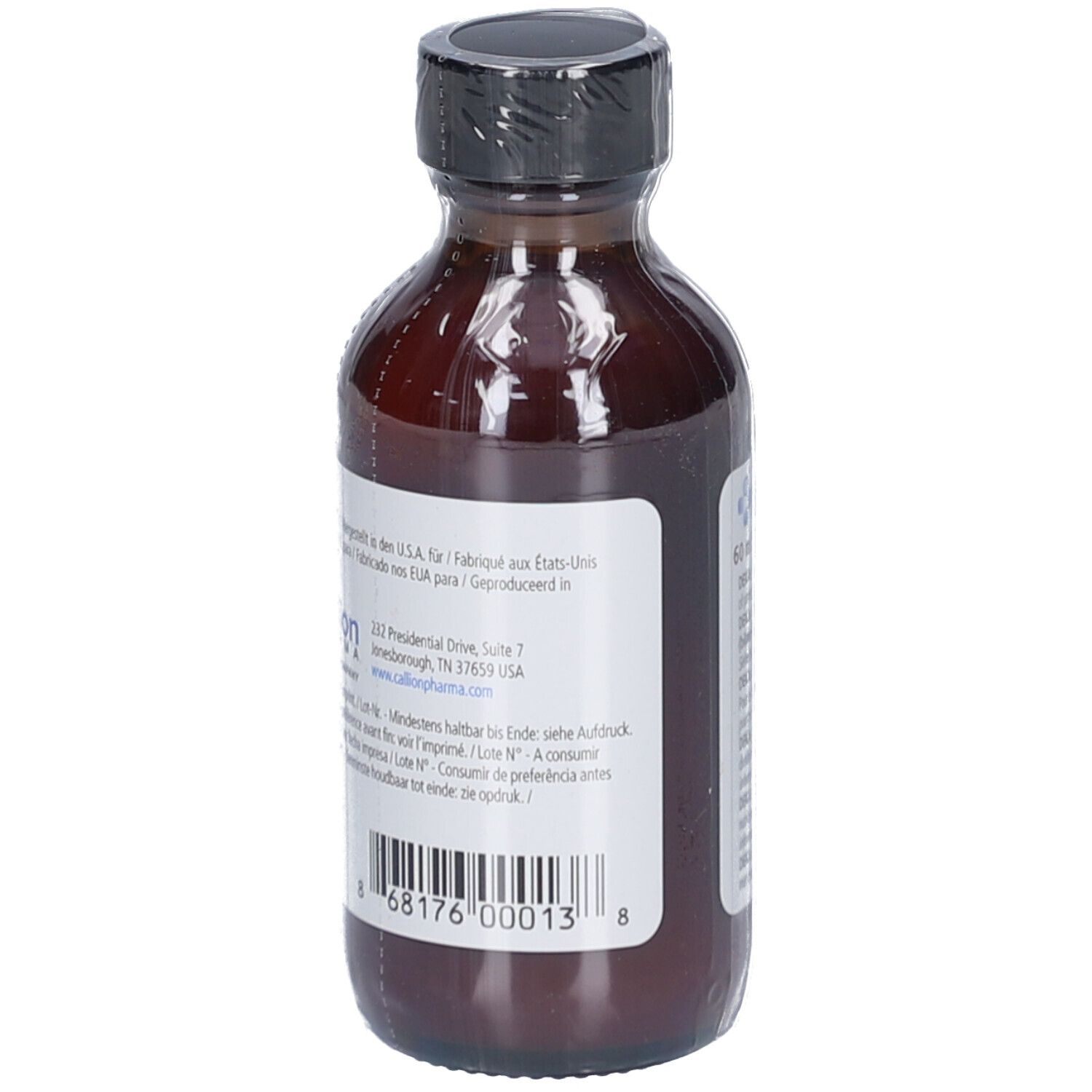 Flacon en verre brun avec bouchon noir. Étiquette avec texte et code-barres. Callion Pharma.