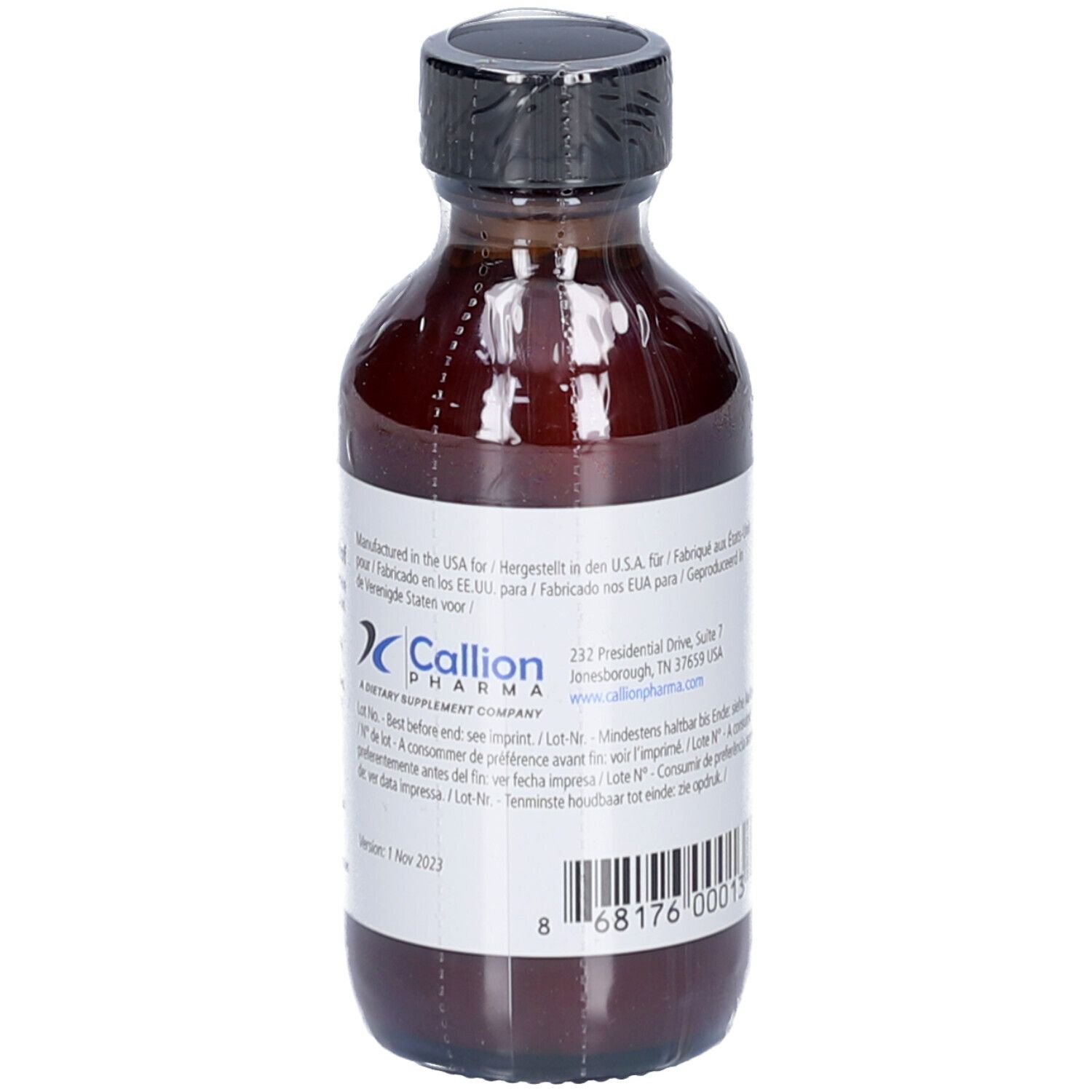 Flacon en verre brun avec bouchon noir. Étiquette avec texte et code-barres. Callion Pharma.