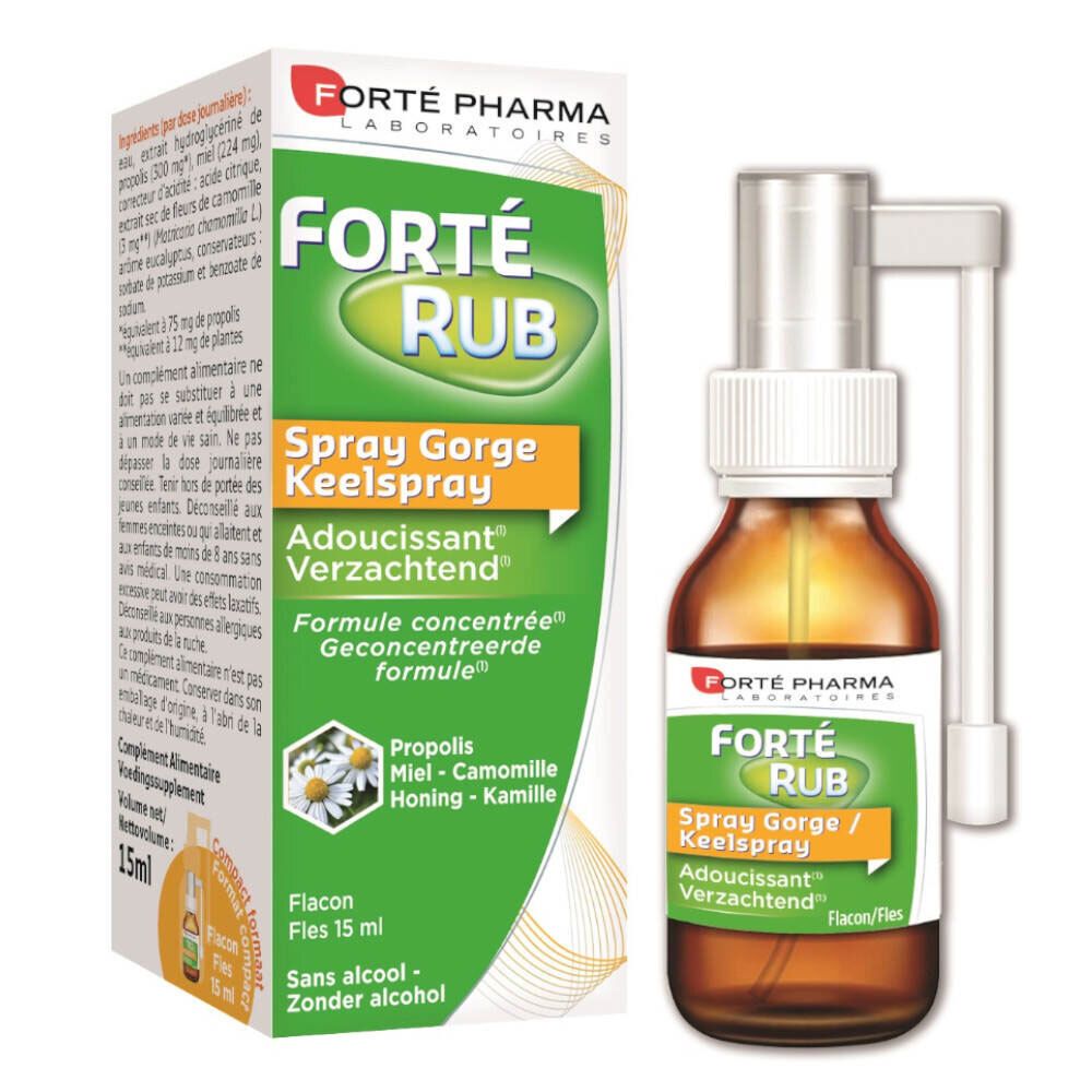 Forté Rub Spray Keelspray. Fles en verpakking. Bevat propolis, honing, kamille. 15 ml.