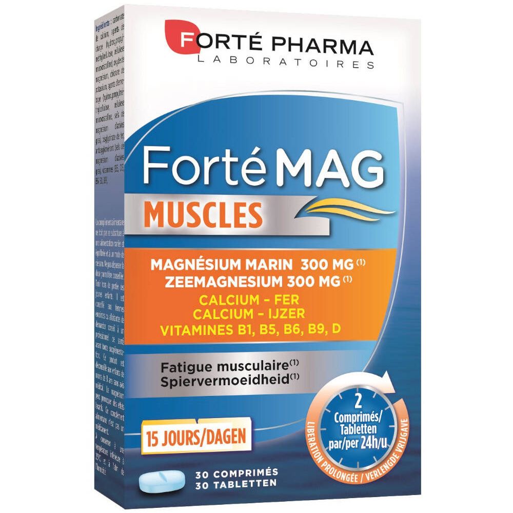 Doosje "Forté MAG MUSCLES". Bevat 30 tabletten. Informatie over magnesium, calcium, ijzer en vitaminen.