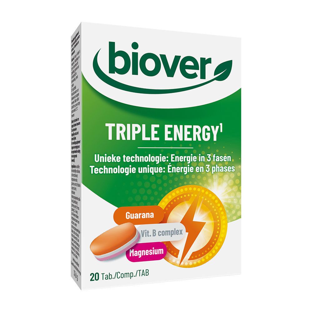 Emballage du produit. Inscription: Biover Triple Energy. Contient 20 comprimés.