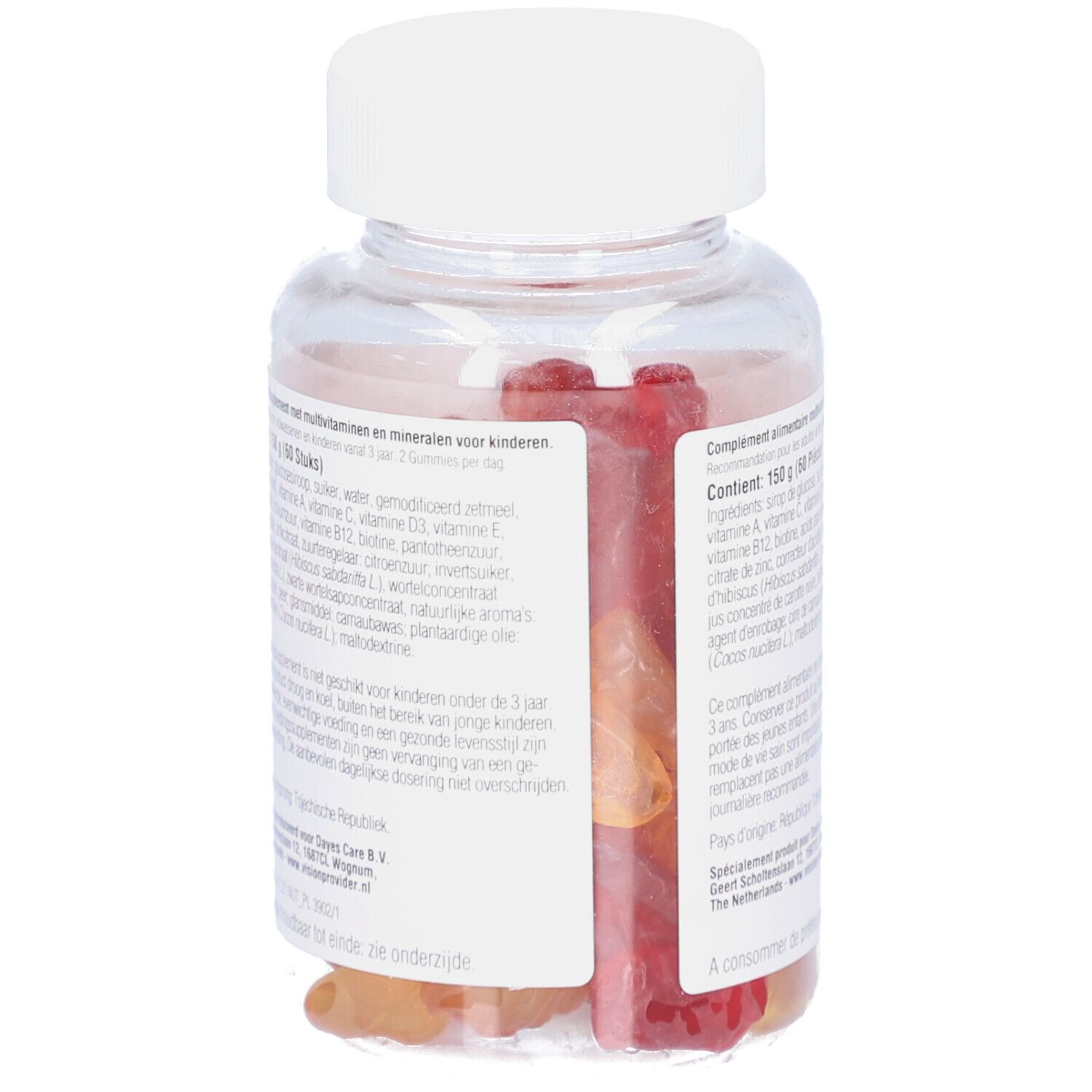 Flacon transparent avec bouchon blanc. Contient des gommes rouges et jaunes. Étiquette avec informations produit.