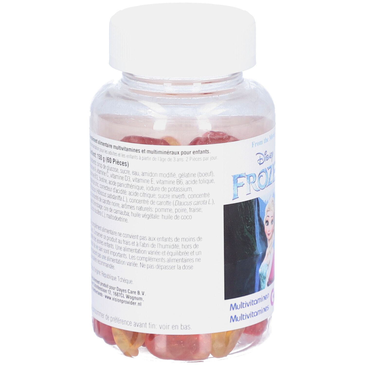 Flacon transparent avec bouchon blanc. Contient des gommes rouges et jaunes. Étiquette avec informations et motif Frozen.