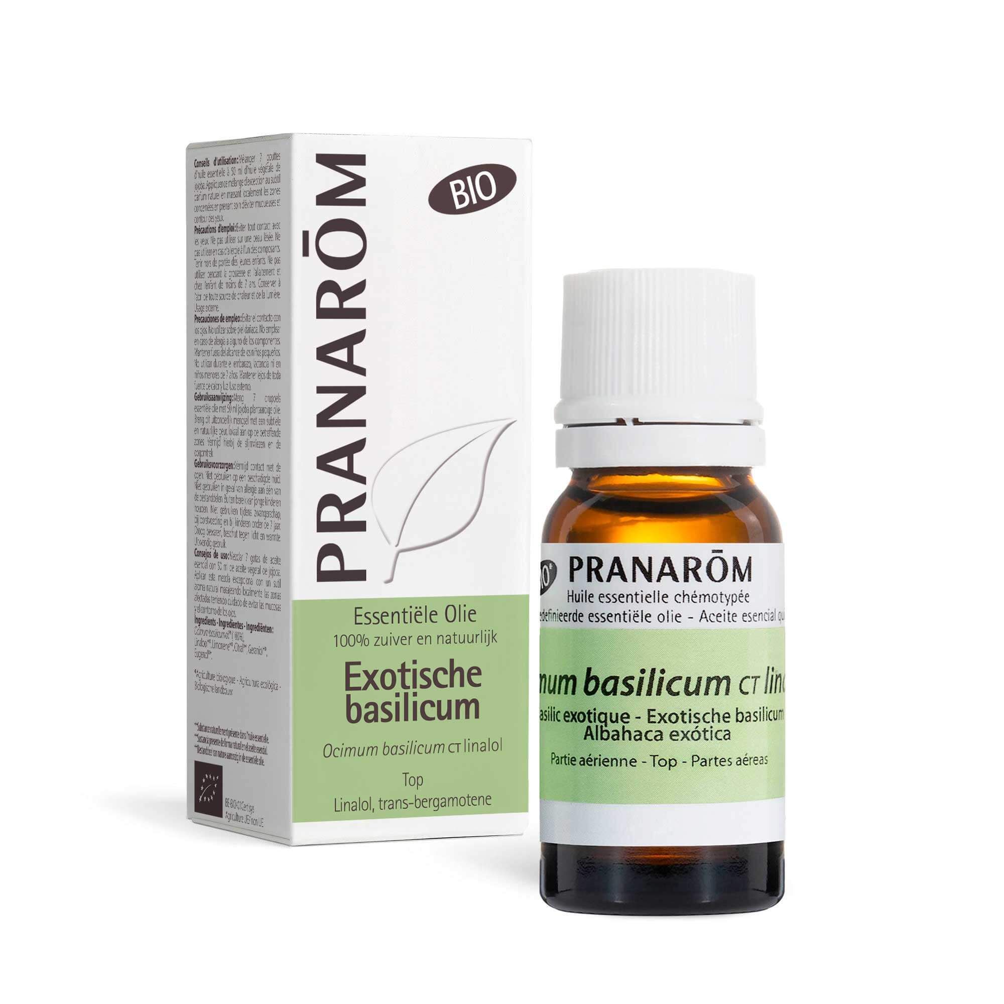 Pranarôm essentiële olie en verpakking. Exotische basilicum. Bio-certificering.