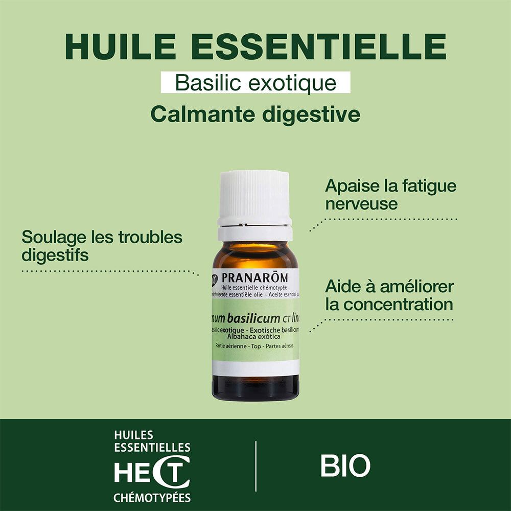Panneau publicitaire avec informations produit. Huile essentielle, Basilic exotique. Certification Bio. Pranarôm.