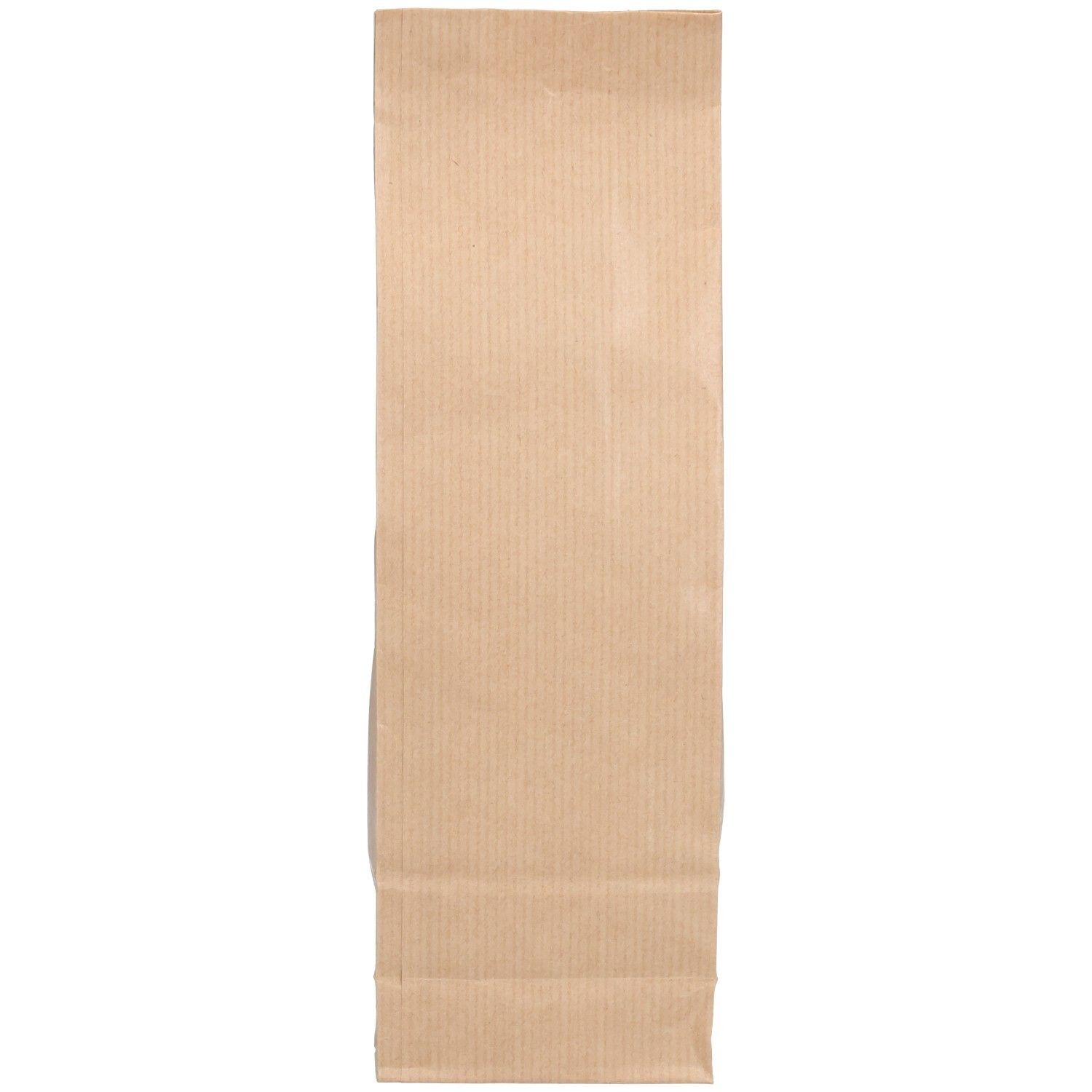 Bruine papieren zak, langwerpig, verticaal. Gestreepte structuur. Boven- en onderkant gevouwen.