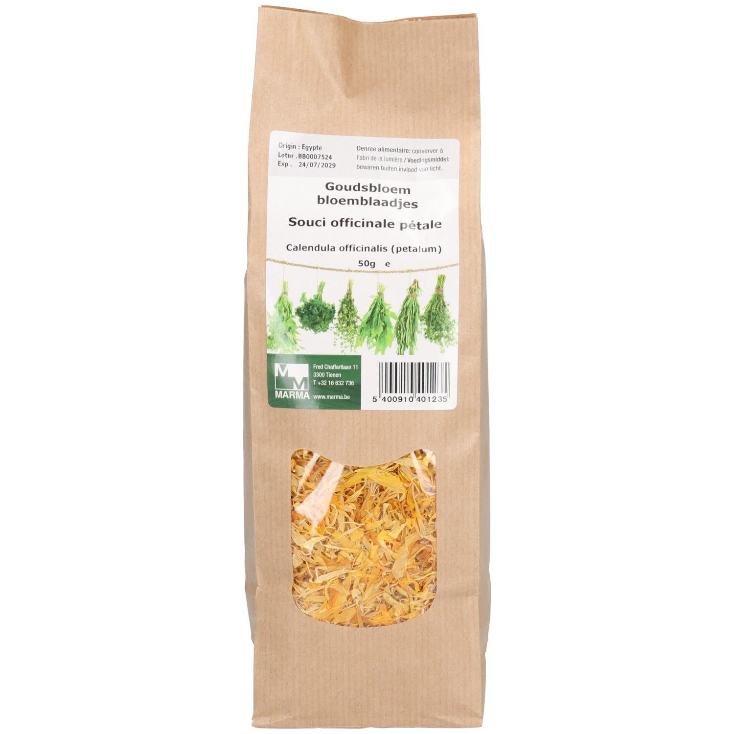 Sachet en papier avec pétales séchés. Fenêtre transparente. Inscription: Goudsbloem bloemblaadjes, Calendula officinalis.