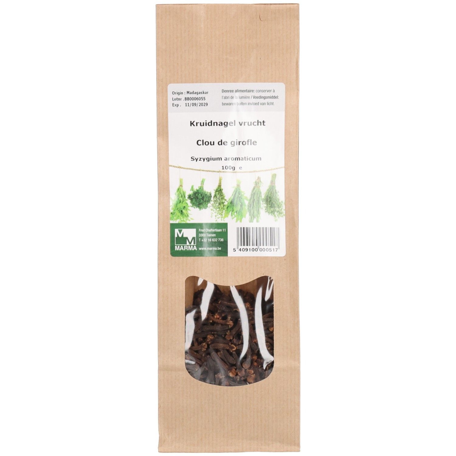 Sachet en papier brun avec fenêtre. Clous de girofle visibles. Informations produit imprimées sur l'étiquette.