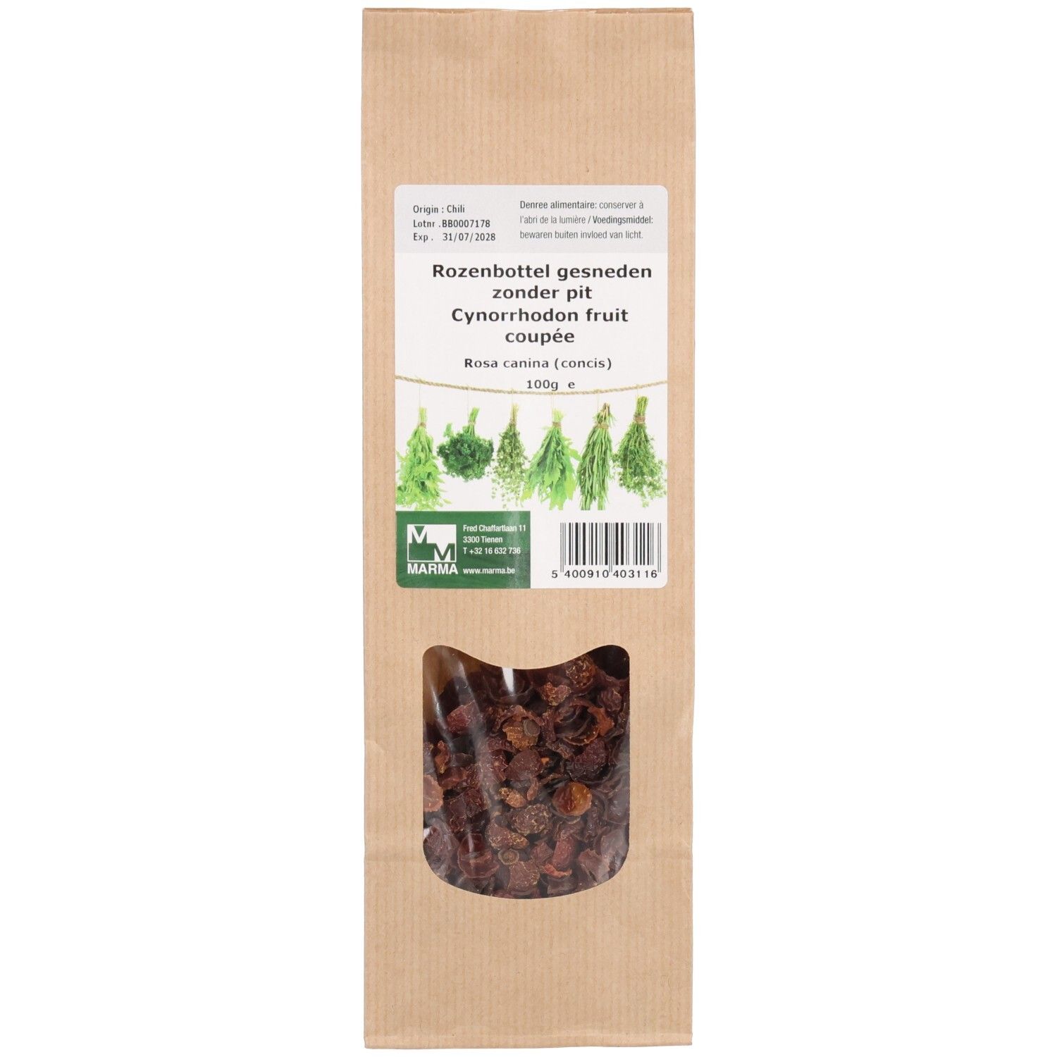 Zakje gesneden rozenbottel. Transparant venster toont product. Tekst: Marma, Rozenbottel gesneden, Rosa Canina.