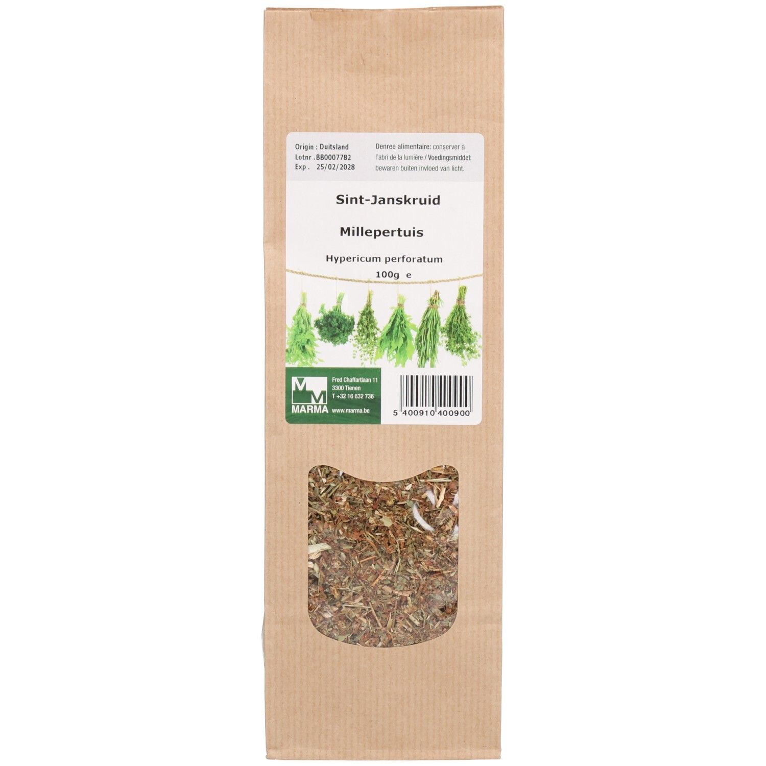 Sachet en papier avec fenêtre. Contient des herbes. Texte: Sint-Janskruid Millepertuis, Hypericum perforatum.