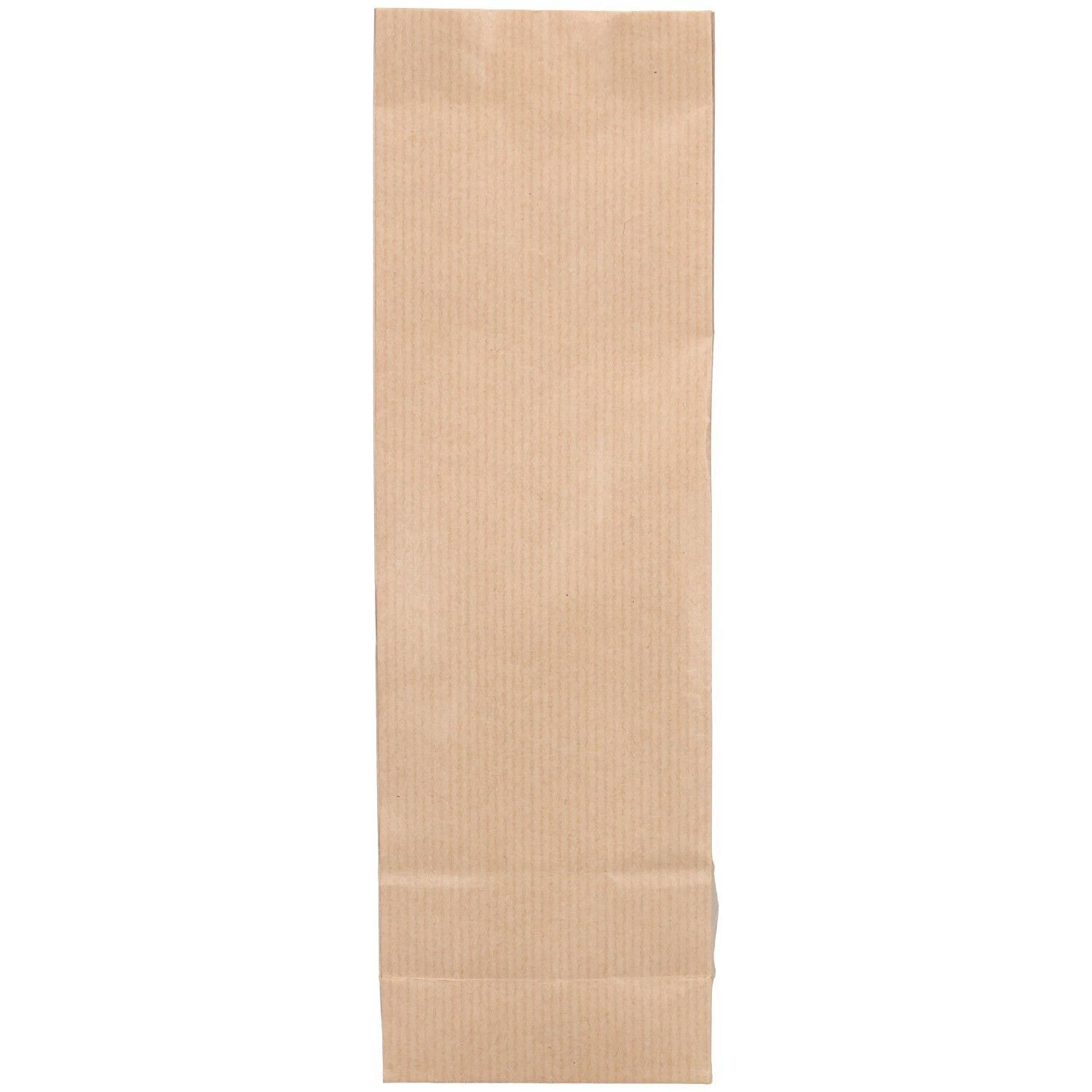 Sachet en papier brun, rayures verticales. Fermé, vide.