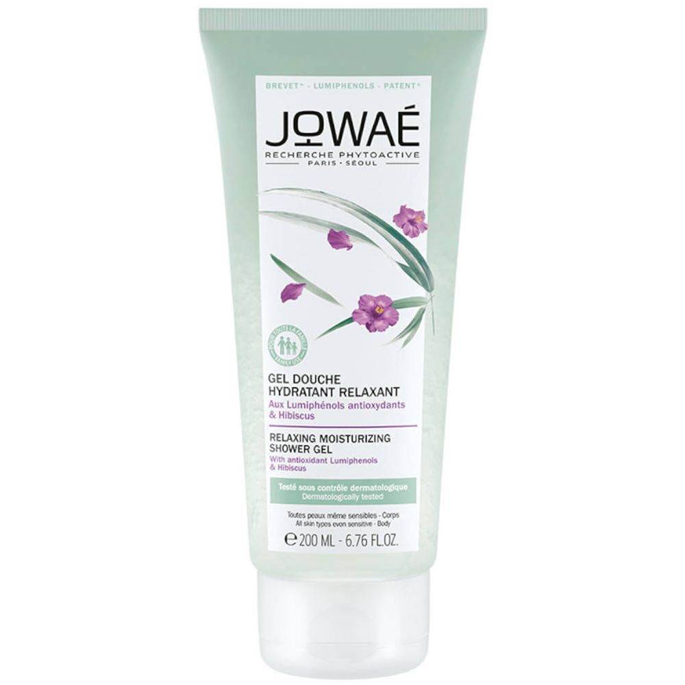 Tube vert avec texte et illustration d'hibiscus. Logo JOWAE en haut. "Gel Douche Hydratant Relaxant".