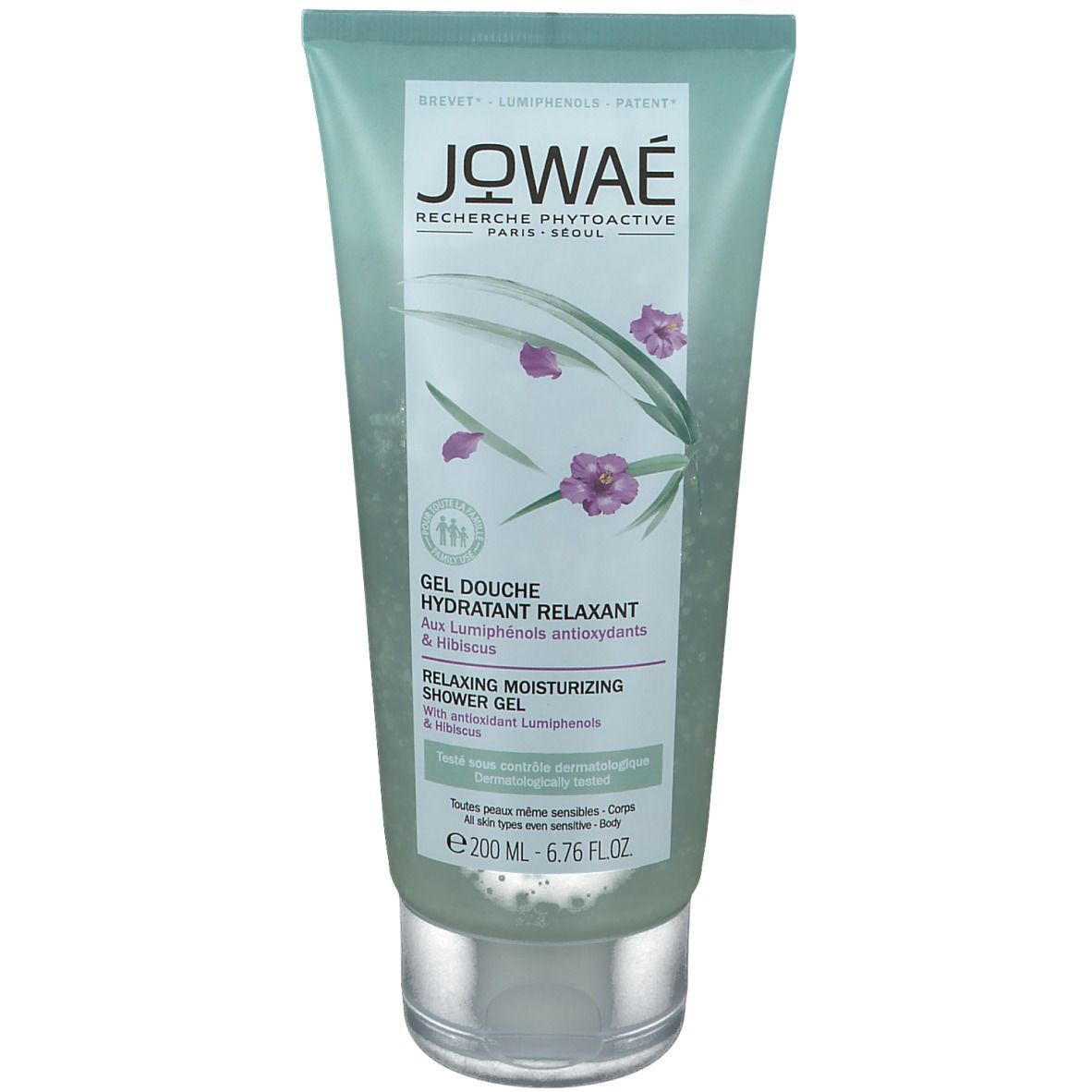 Tube vert avec texte et illustration d'hibiscus. Logo JOWAE en haut. "Gel Douche Hydratant Relaxant".