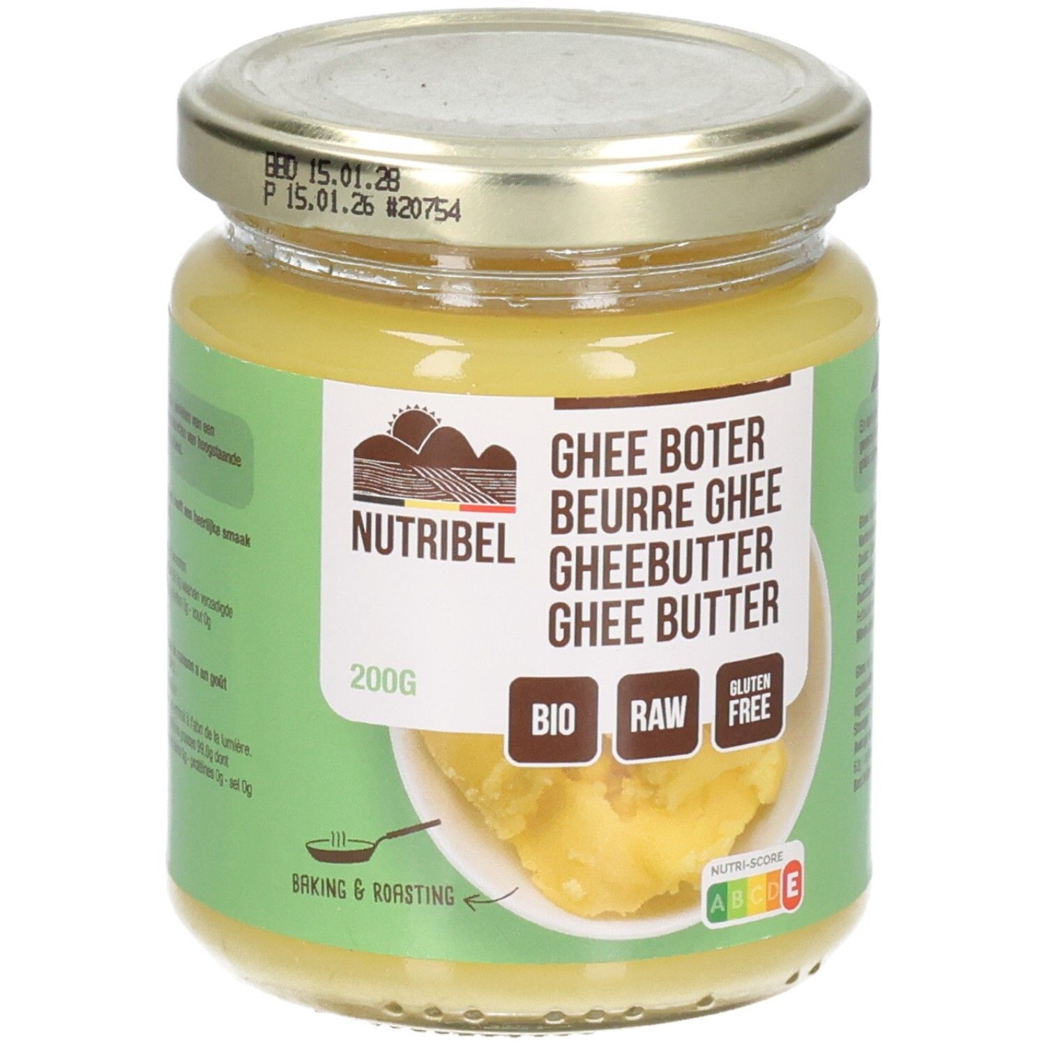 Pot de beurre clarifié. Inscriptions: Nutribel, Ghee Boter, Bio, Raw, Sans gluten. 200g. Couvercle avec date.