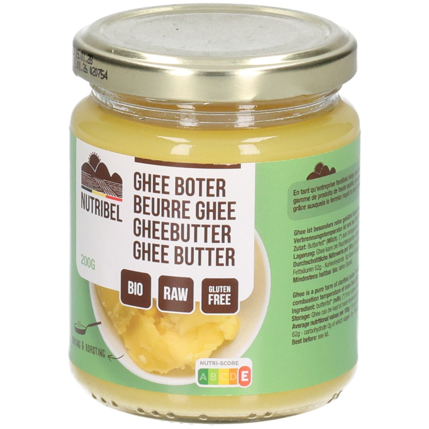 Pot de beurre clarifié. Inscriptions: Nutribel, Ghee Boter, Bio, Raw, Sans gluten. 200g. Couvercle avec date.