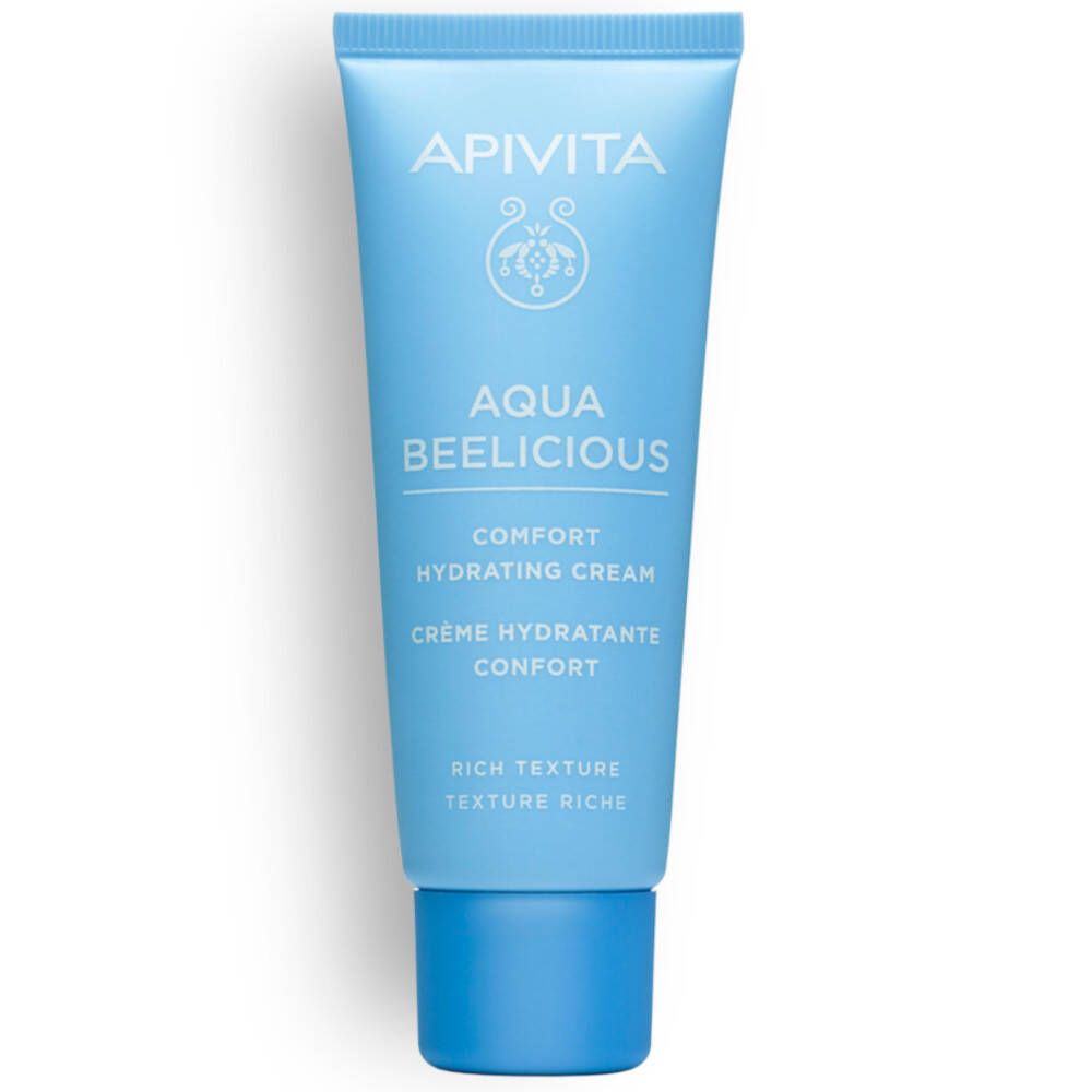 Lichtblauwe tube met blauwe dop. Opschrift: APIVITA, AQUA BEELICIOUS, Comfort Hydrating Cream. Rich Texture.