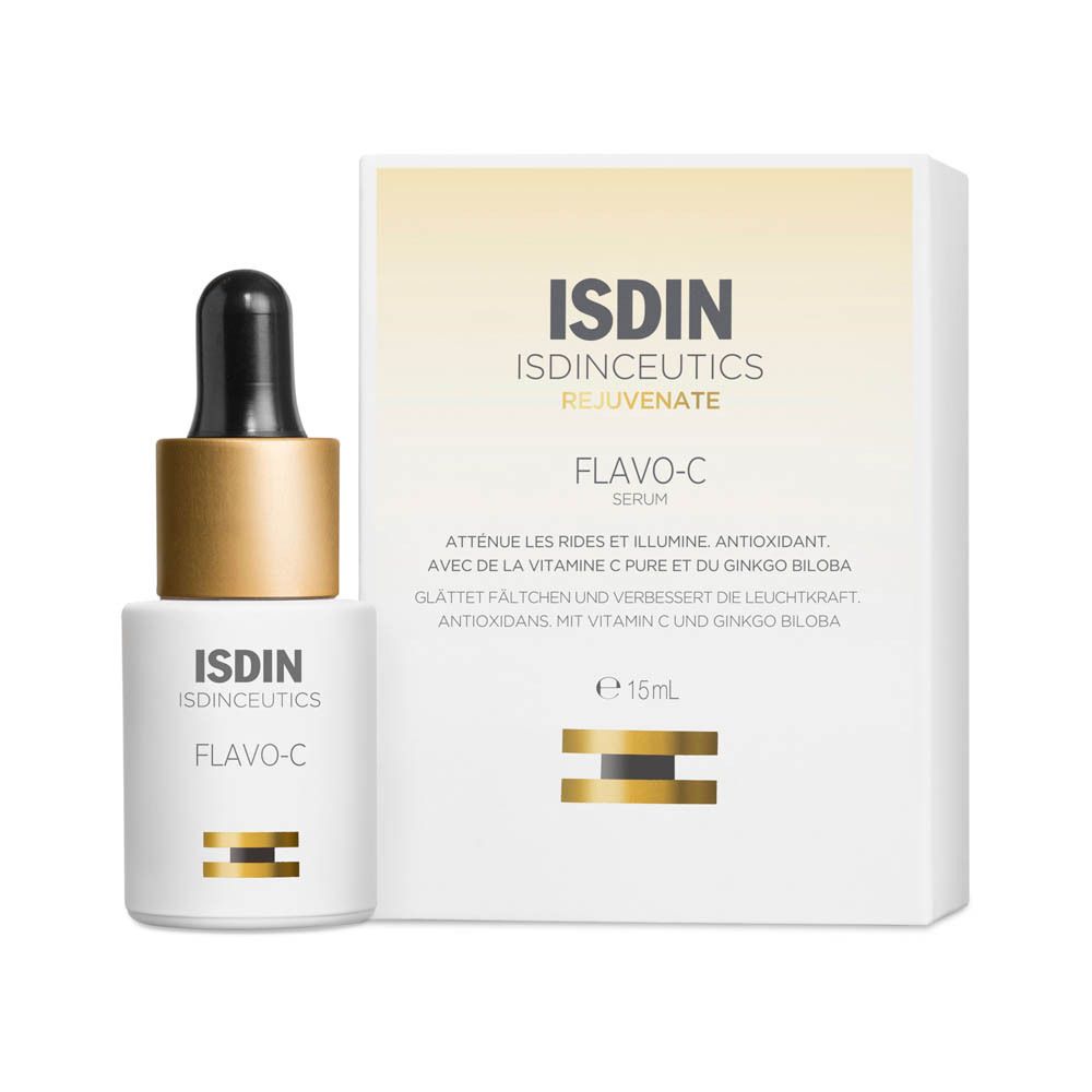 Flacon transparent avec pipette noire et boîte blanche. Inscription : ISDIN, Flavo-C Serum. 15ml.