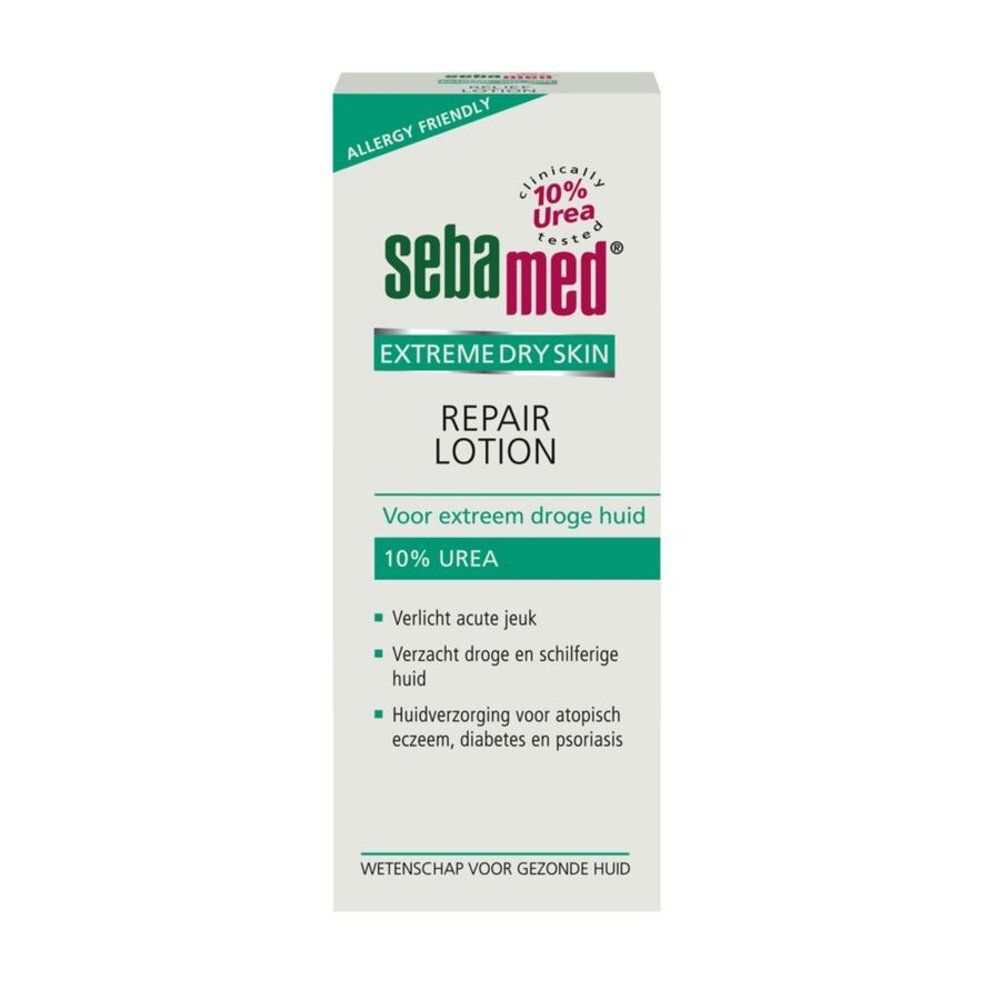 Emballage blanc et vert. Inscription: sebamed, EXTREME DRY SKIN, REPAIR LOTION, 10% Urea. Pour peau très sèche.