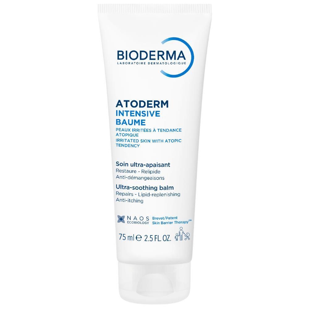 Tube. BIODERMA Atoderm Intensive Baume. Tekst. Ultra-verzachtend. Voor droge, gevoelige huid. 75ml. Blauwe accenten.