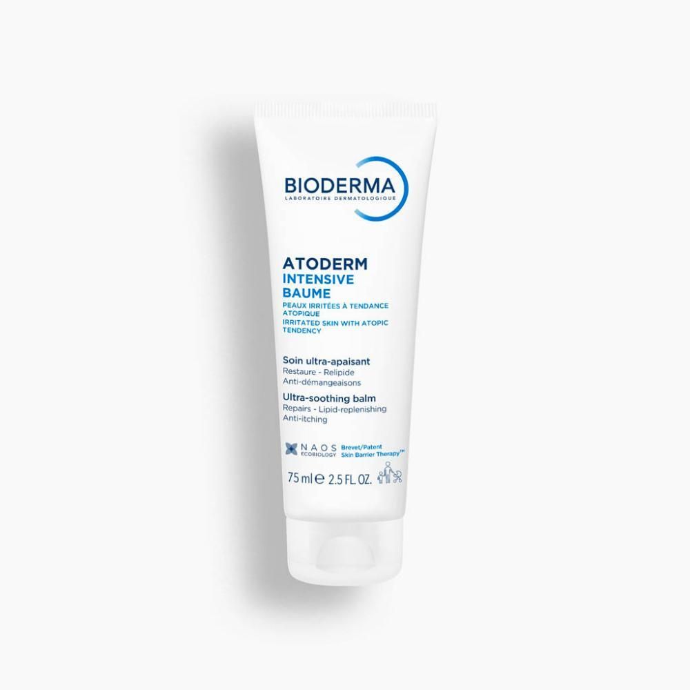 Tube. BIODERMA Atoderm Intensive Baume. Texte. Ultra-apaisant. Pour peaux sèches et sensibles. 75ml. Accents bleus.
