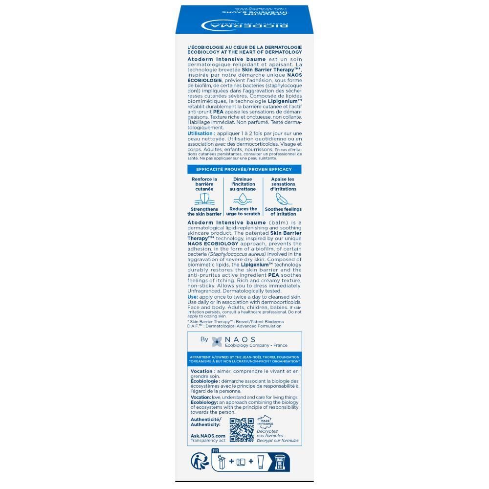Emballage. BIODERMA Atoderm Intensive Baume. Texte. Ultra-apaisant. Pour peaux sèches et sensibles. 75ml. Accents bleus.