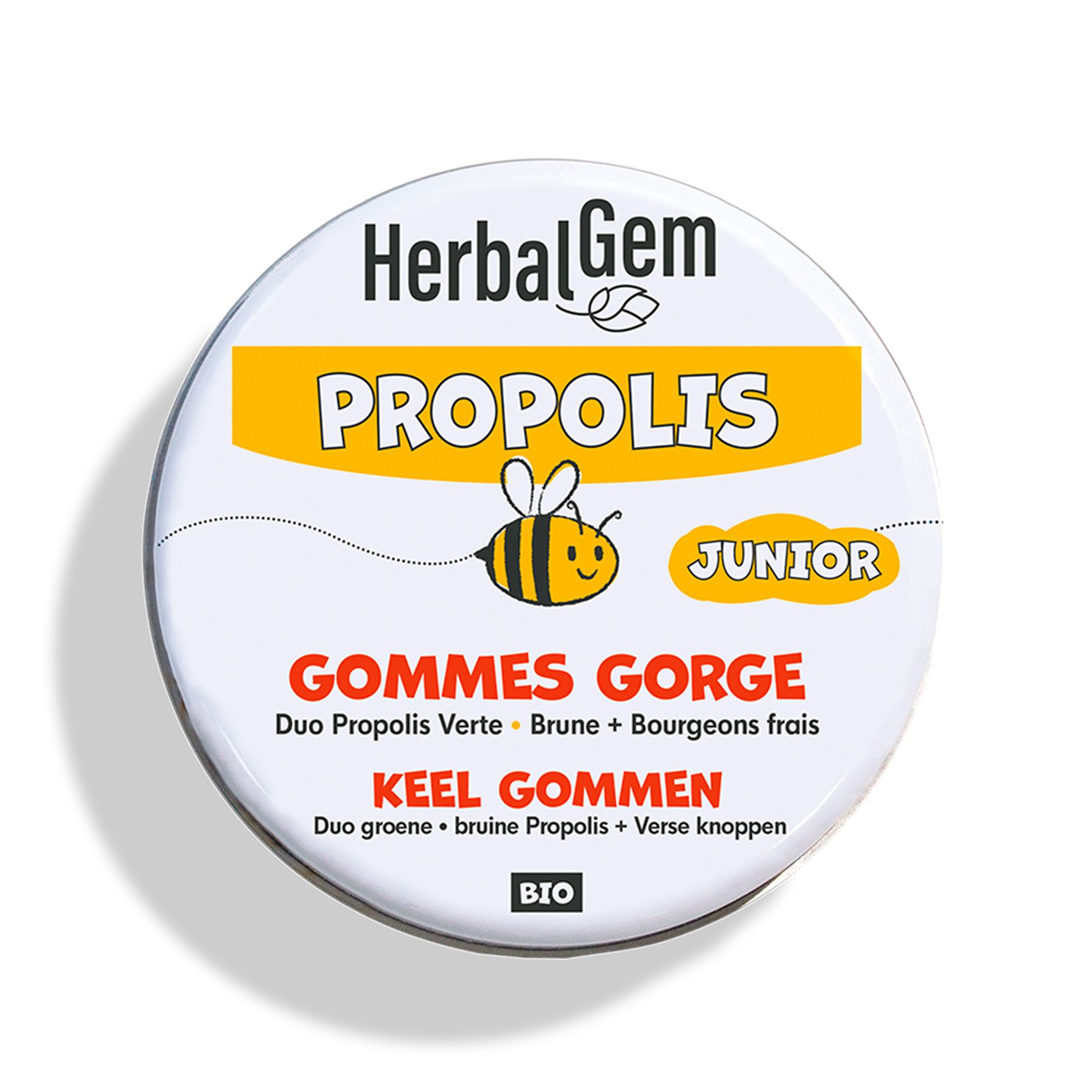 Ronde doos HerbalGem Propolis Junior Bio Gommes Gorge. Gele tekst op witte achtergrond. Bio-label.